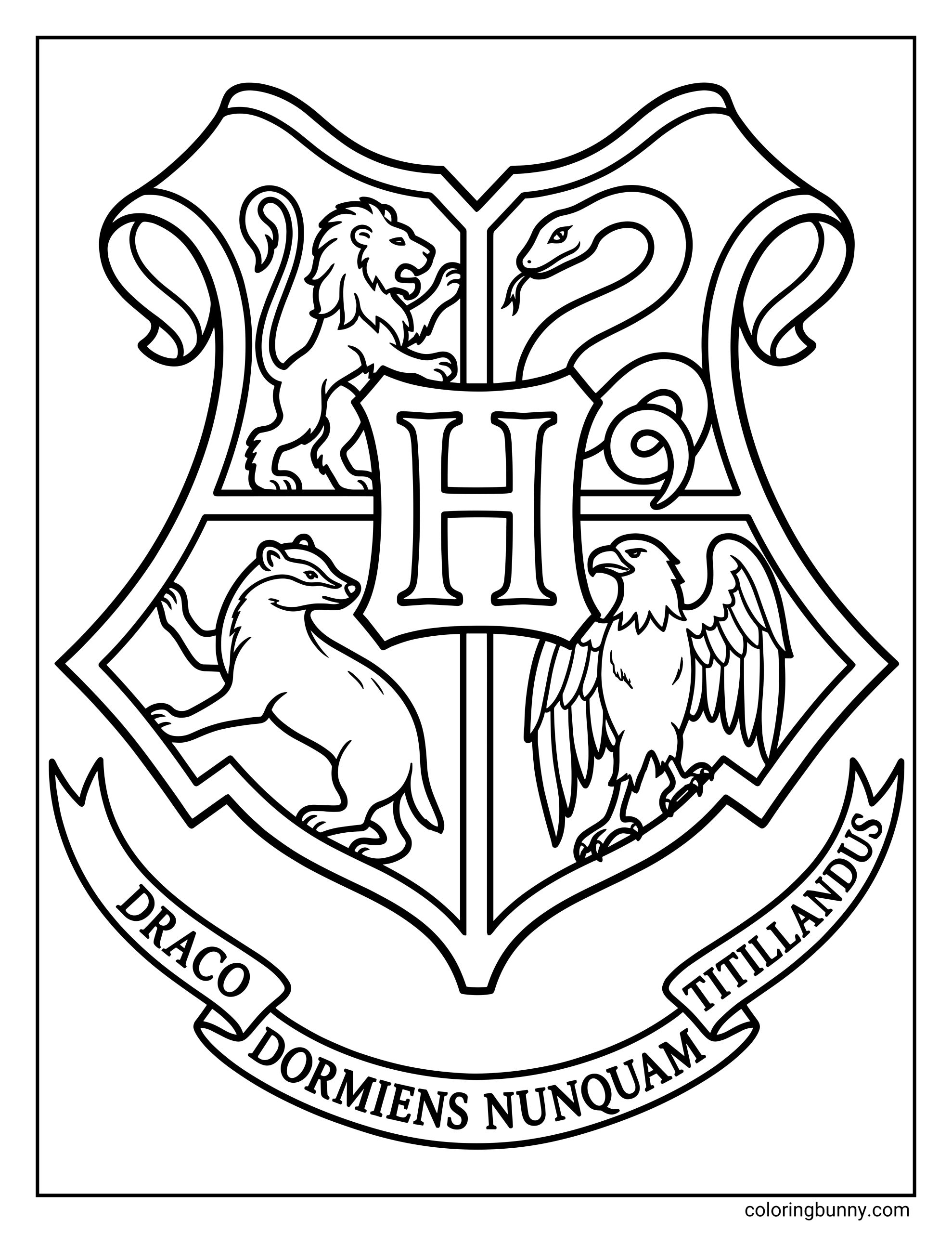 A simple coloring page of the Hogwarts School crest featuring a central "H" surrounded by the four house mascots: a lion, a snake, a badger, and an eagle. The school motto "DRACO DORMIENS NUNQUAM TITILLANDUS" is written on a banner below.