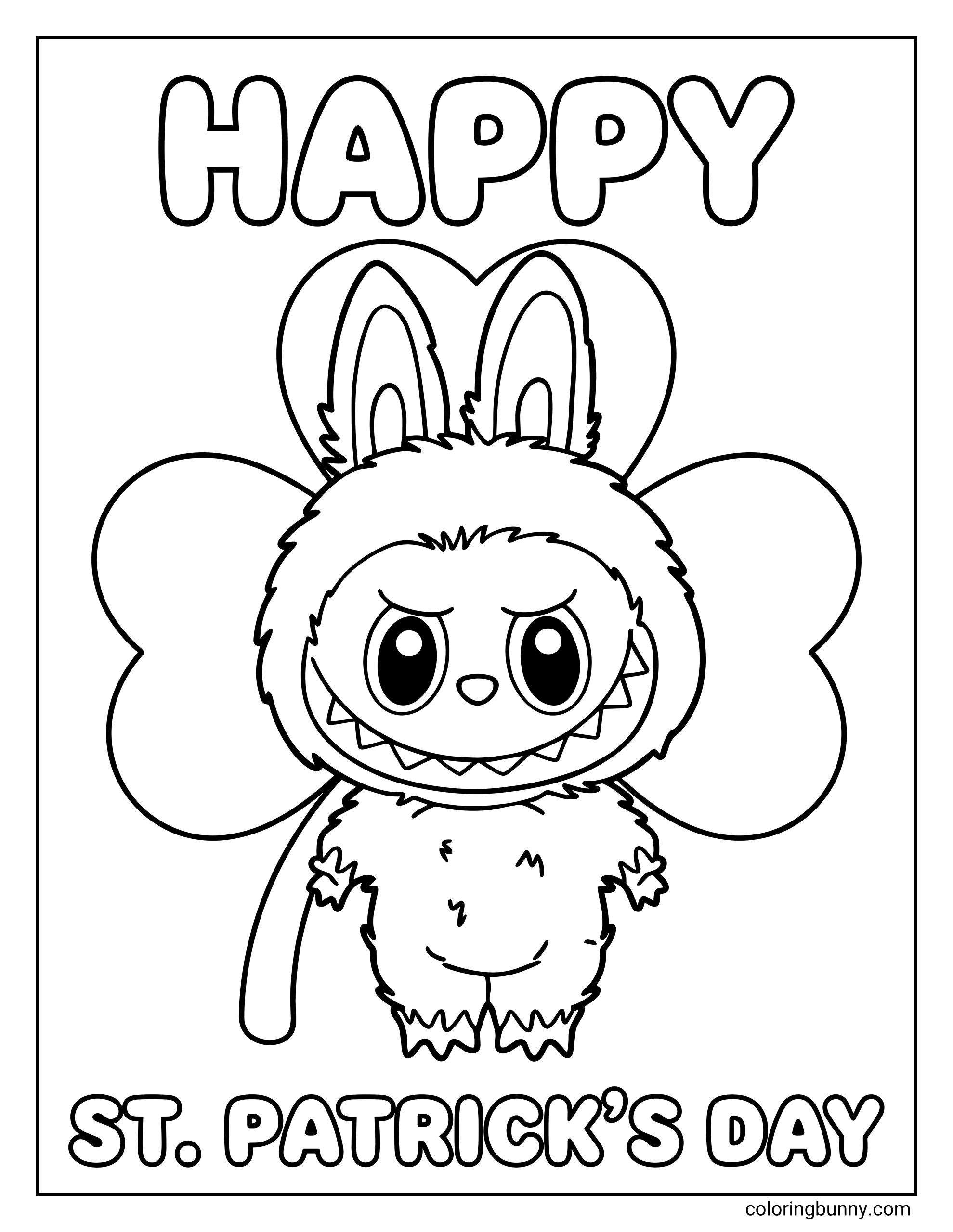 Simple Labubu St. Patrick’s Day coloring page featuring cute Labubu character with bunny ears and shamrock theme, black and white printable line art for kids.