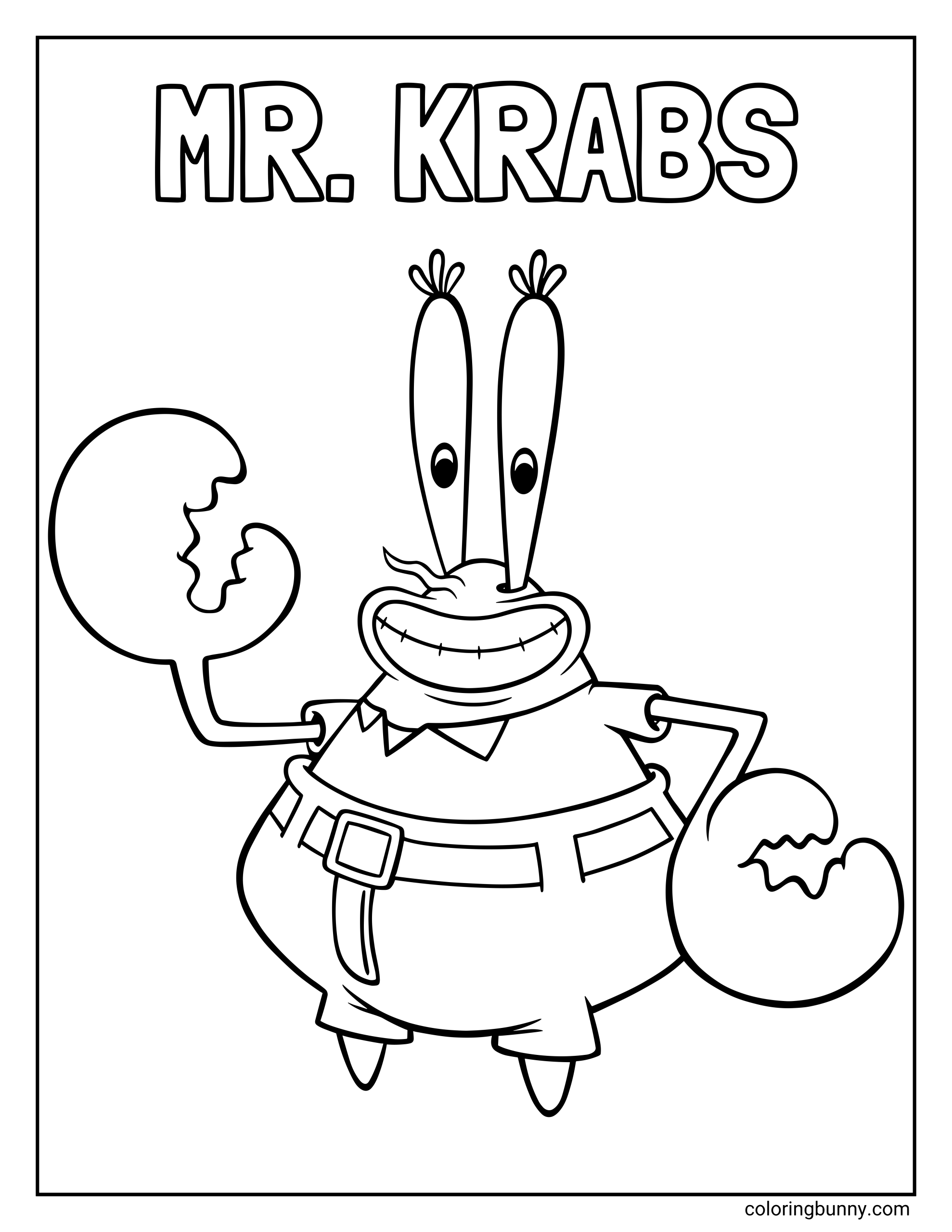 A simple outline coloring page of the Spongebob character Mr. Krabs smiling with one claw raised under the text "MR. KRABS."
