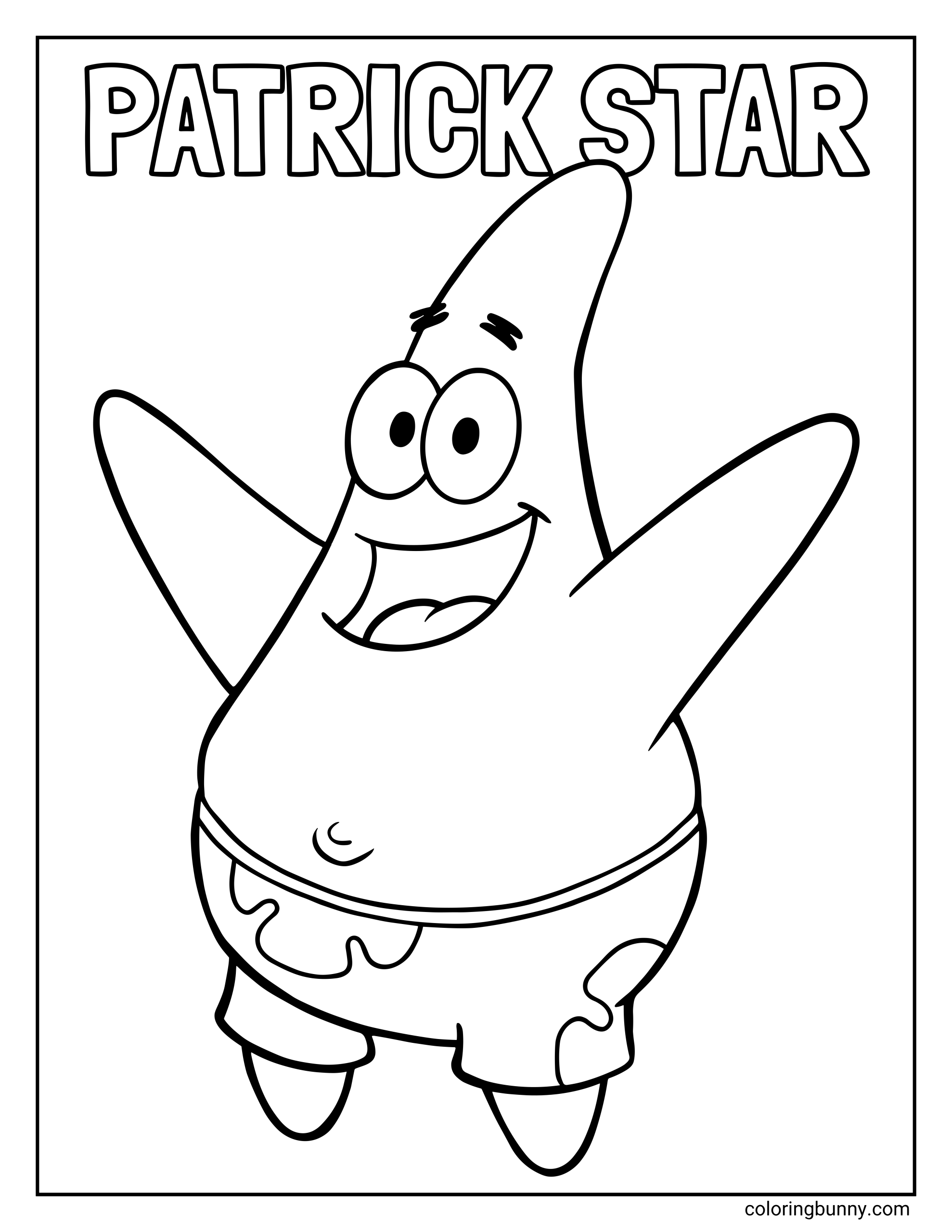 A simple outline coloring page of Patrick Star jumping in the air with a happy expression and open arms under the text "PATRICK STAR."