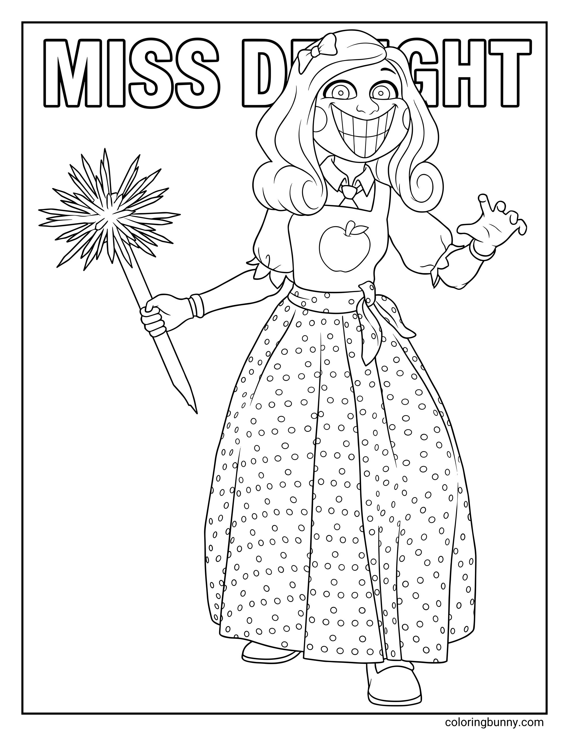A simple black and white coloring page of Miss Delight from Poppy Playtime, drawn in a clean, minimal line-art style. The character wears a dress with a bow and an apple emblem, smiling widely while holding a spiky pointer.