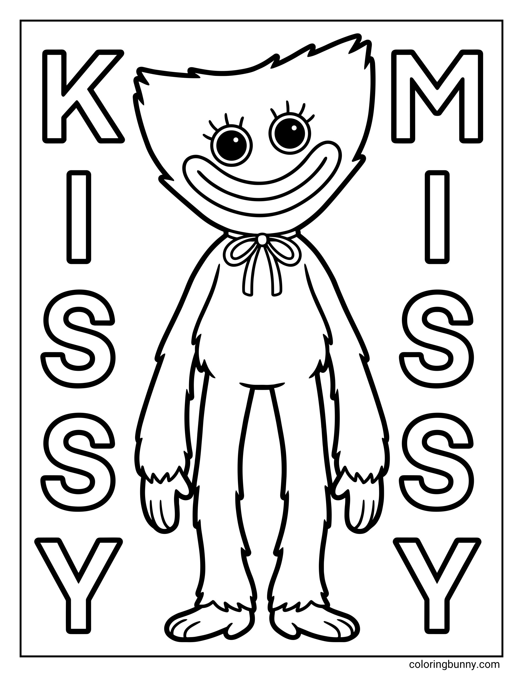 A black and white coloring page of the character Kissy Missy from Poppy Playtime, shown in a simple standing pose with long arms, large round eyes, long eyelashes, and a bow tie. Big block letters spelling her name surround the character, forming a clean, easy coloring page design with bold outlines and wide open spaces.