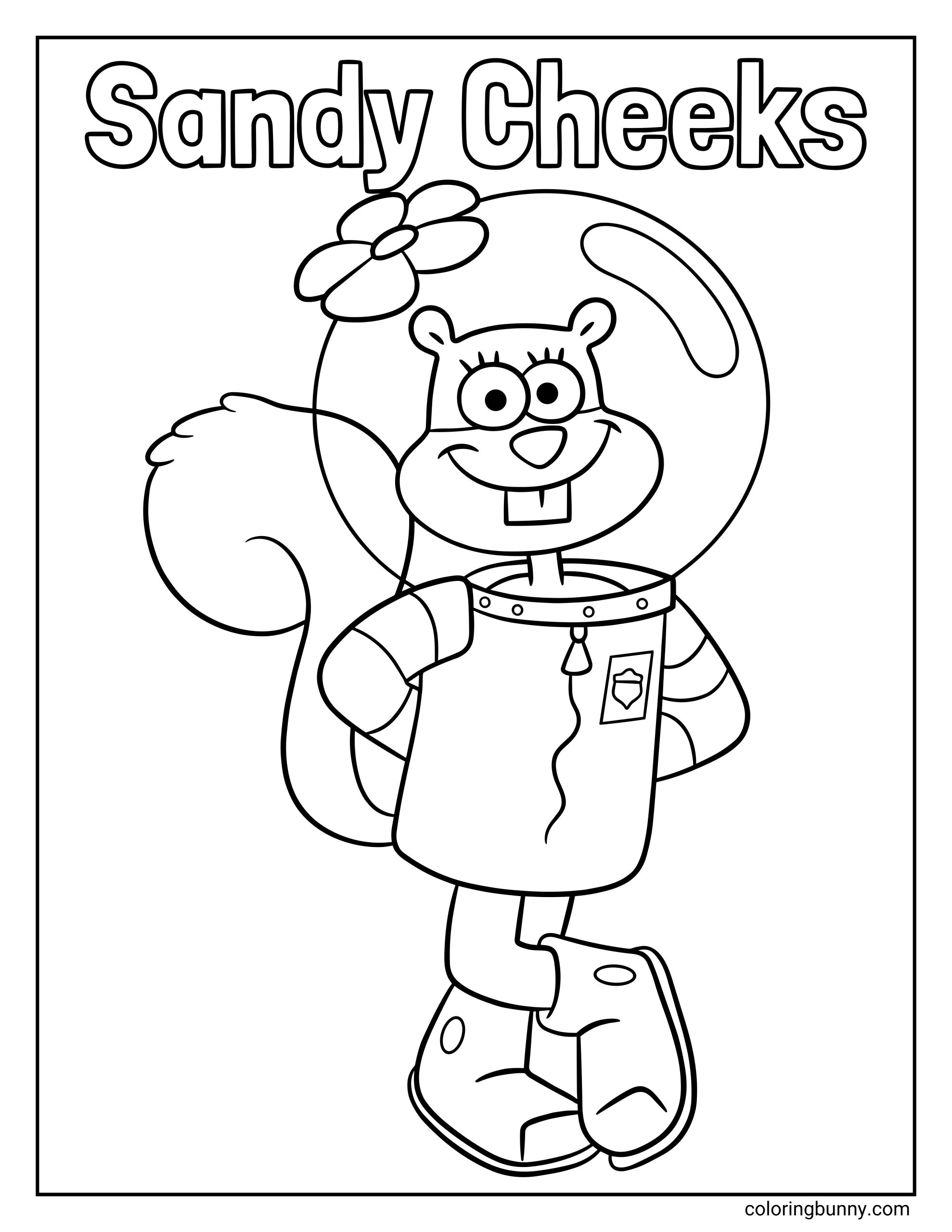 A simple outline coloring page of the character Sandy Cheeks wearing her astronaut suit and flower, walking with a happy expression under the text "Sandy Cheeks."