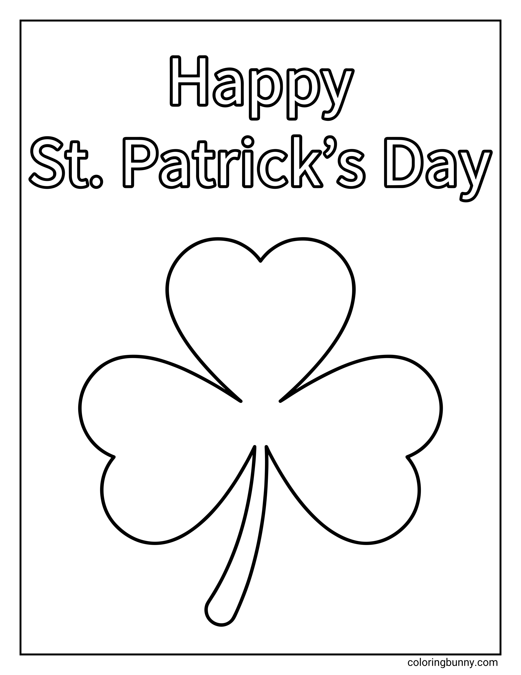 A simple coloring page of a large shamrock with a heart-shaped leaf under the Happy St. Patrick’s Day text