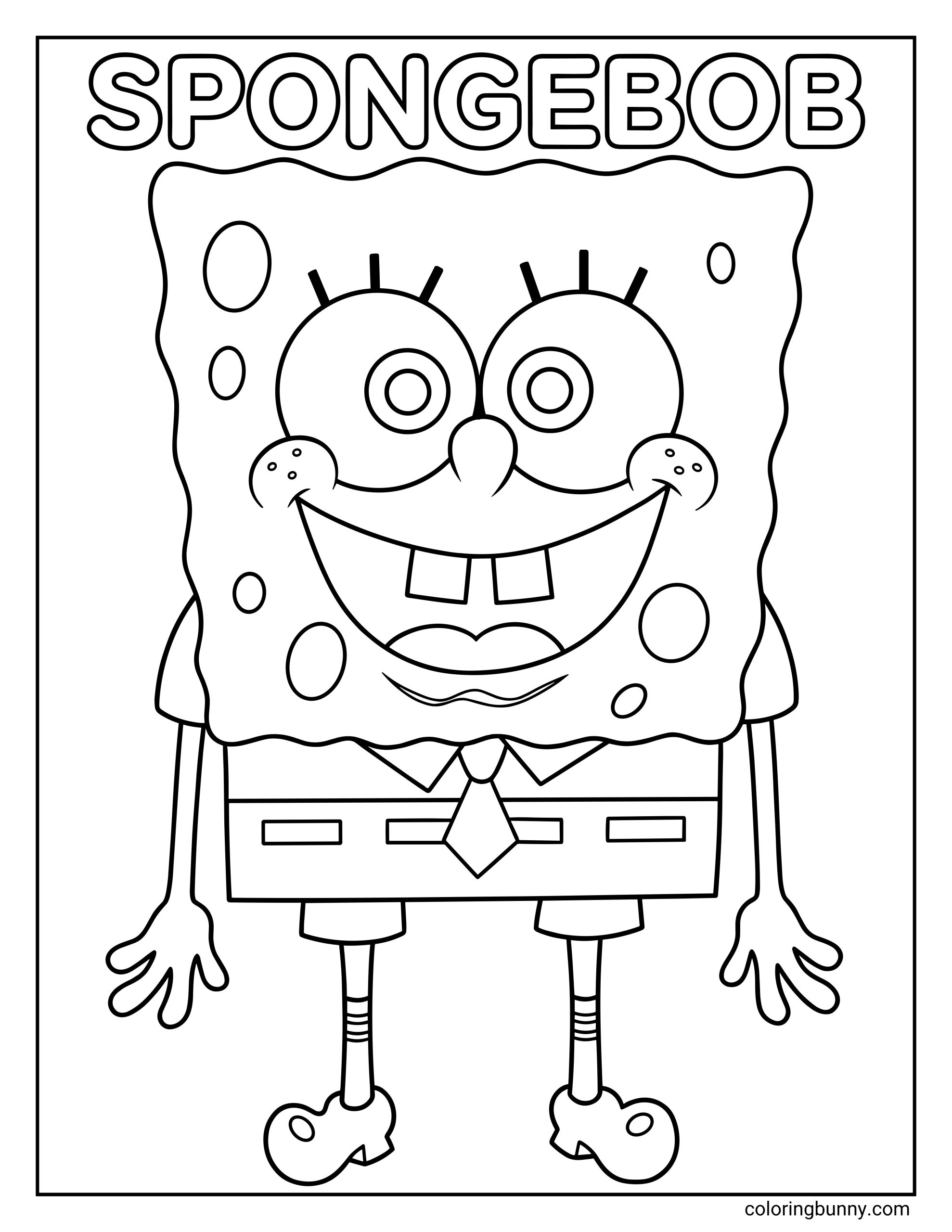 An easy coloring page of Spongebob Squarepants standing with a wide, toothy grin and wide eyes under his name.