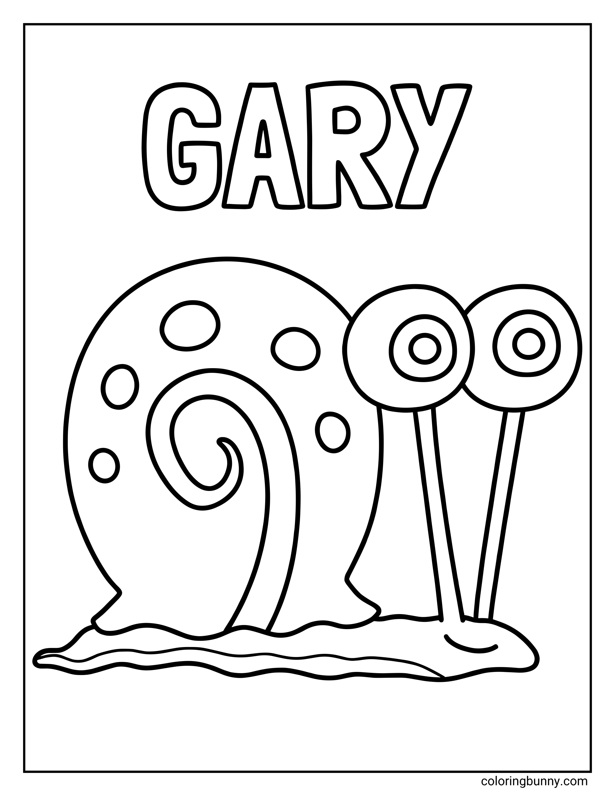 Alt text: A simple outline coloring page of the snail character Gary from Spongebob with large eyes on stalks and a swirly shell under the text "GARY."