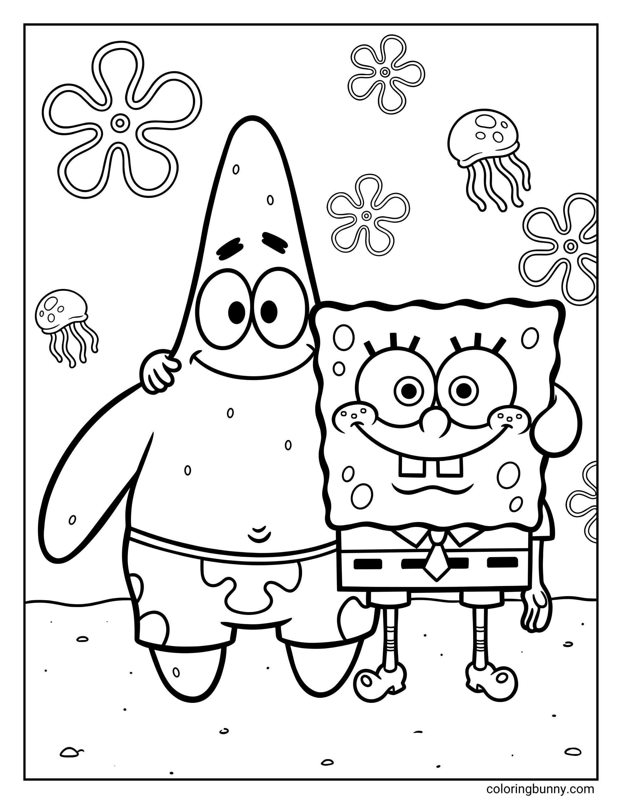 A coloring page of SpongeBob and Patrick standing side-by-side with arms around each other, surrounded by jellyfish and flowers.