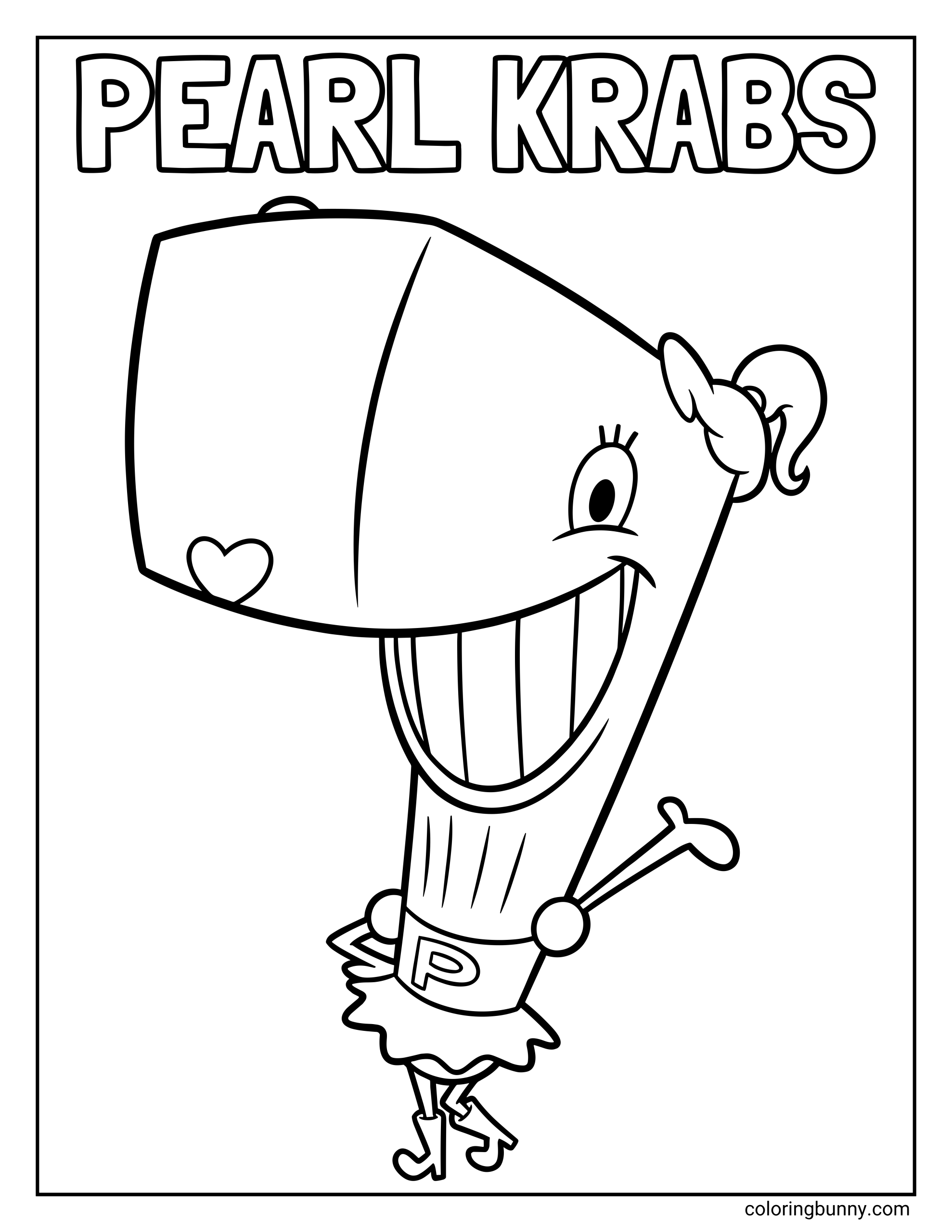 A simple outline coloring page of the Spongebob whale character Pearl Krabs smiling big and wearing a cheerleading outfit with the letter "P" under the text "PEARL KRABS."