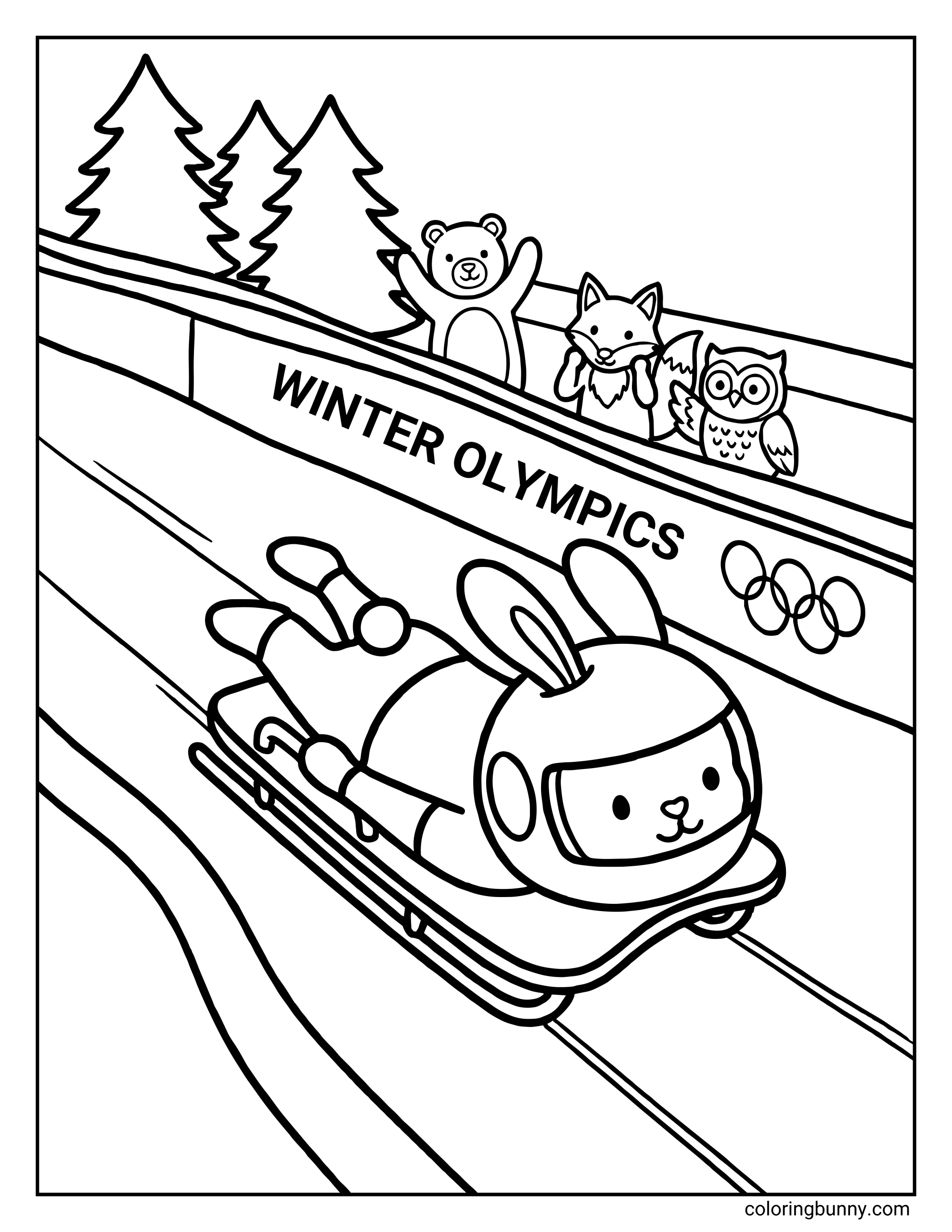 A cute Winter Olympics coloring page featuring a bunny wearing a helmet and racing headfirst on a skeleton sled down an icy track. A bear, fox, and owl cheer from the stands above a “Winter Olympics” banner with the Olympic rings.