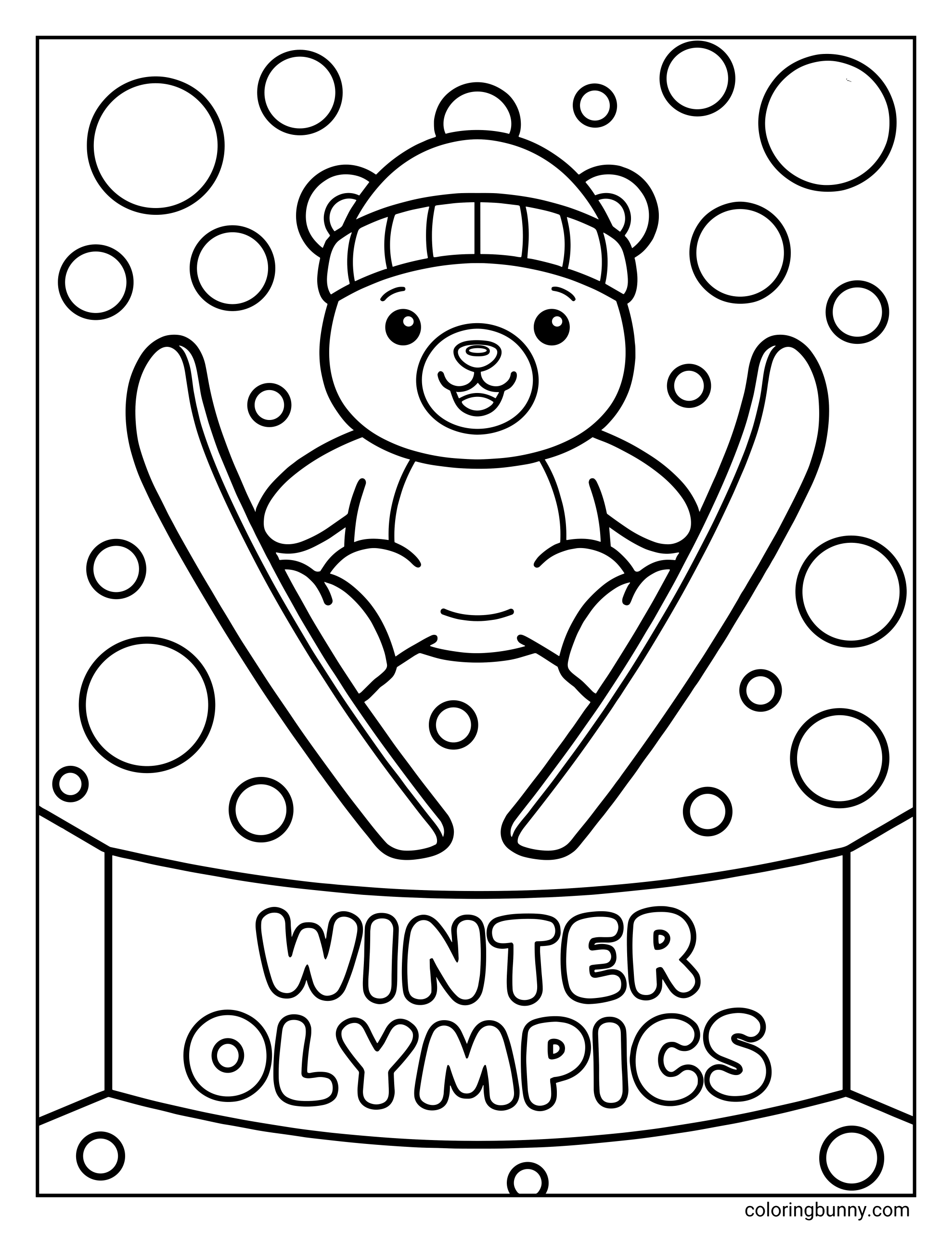 A cute Winter Olympics ski jumping coloring page featuring a smiling bear wearing a winter hat as it flies through the air on skis. Large snowflakes fill the background, and a bold “Winter Olympics” banner appears below.