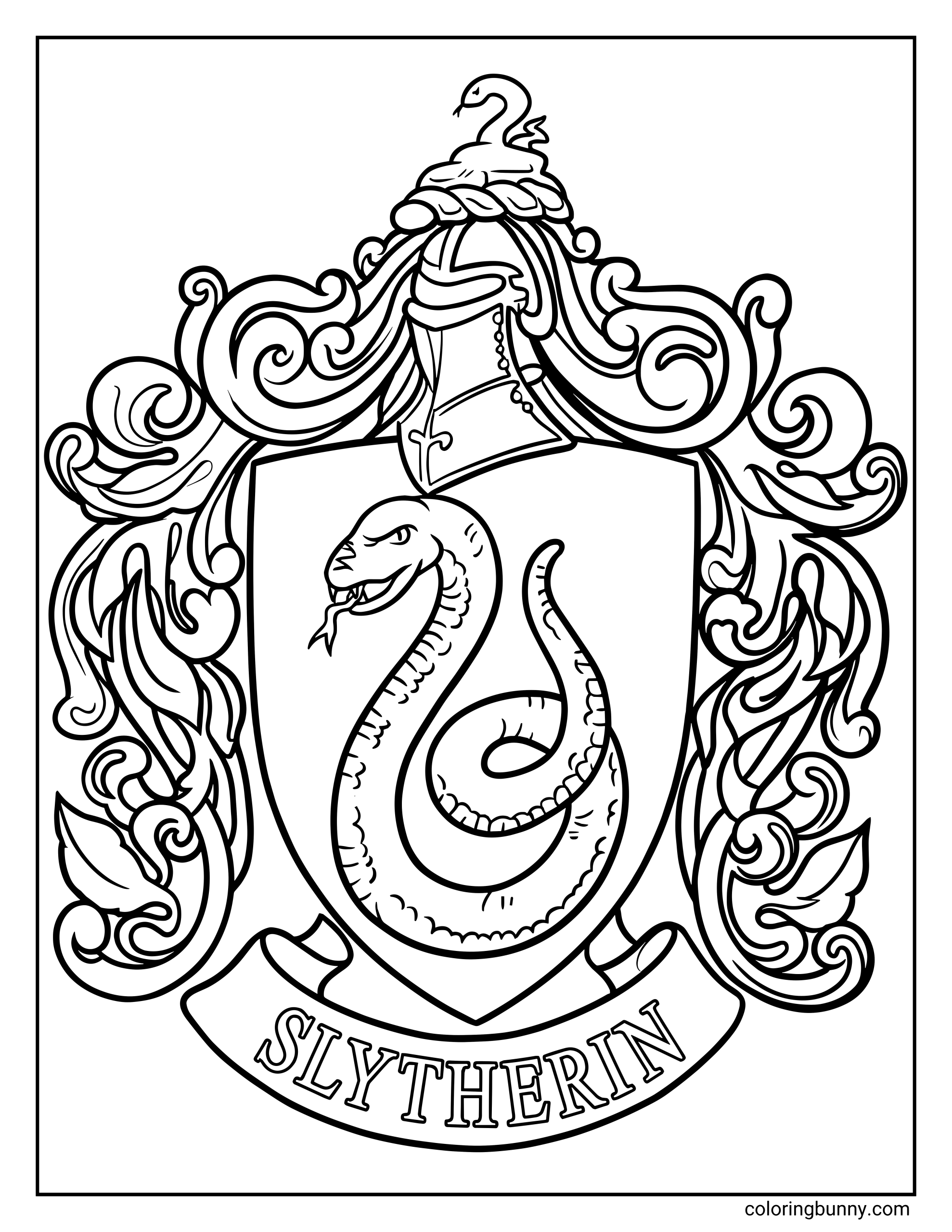 A Slytherin crest coloring page featuring a large shield with a curled snake in the center. The shield is topped with a knight’s helmet and surrounded by detailed decorative scrollwork and leafy shapes. A banner at the bottom displays the word “Slytherin,” forming a bold and elegant magical house emblem.