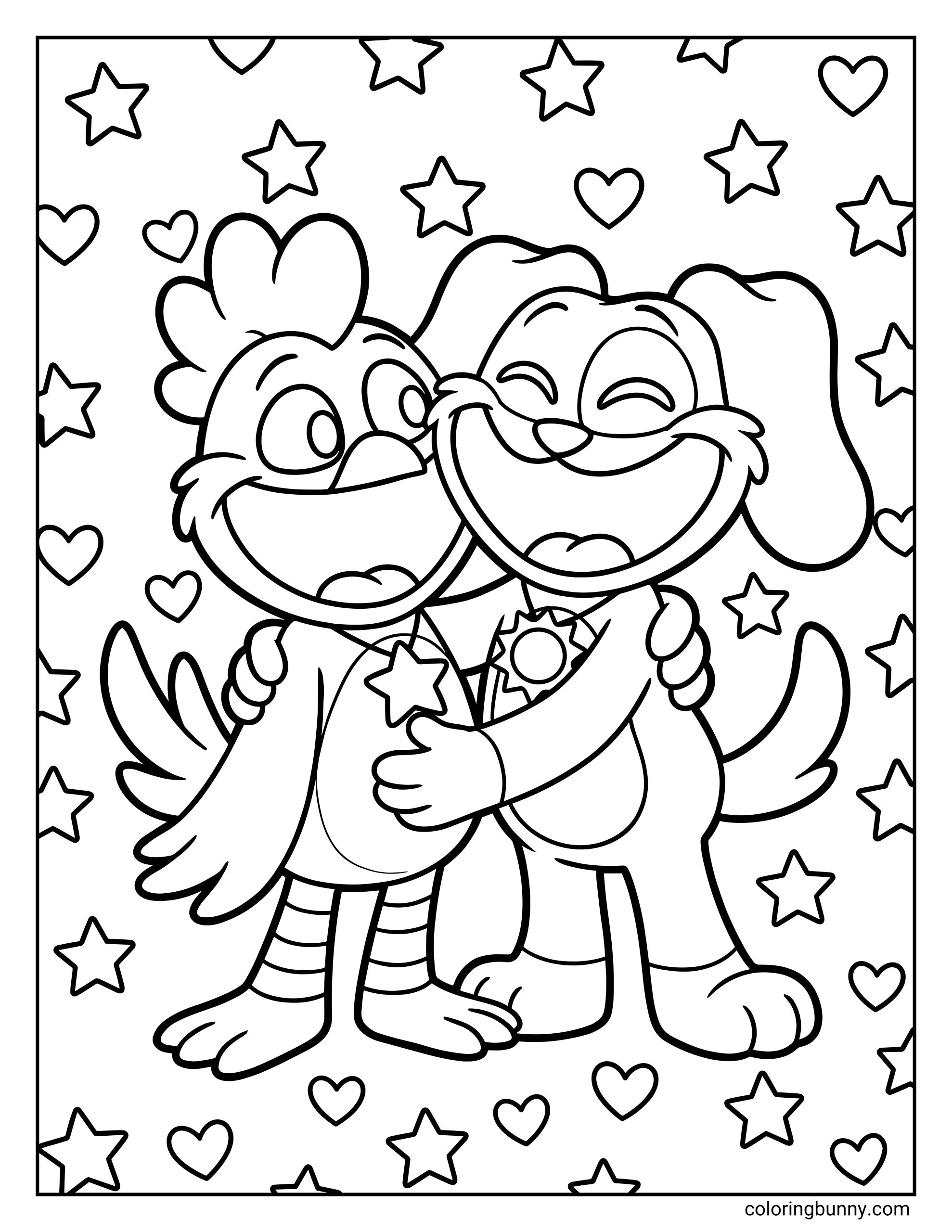 Smiling Critters KickinChicken and DogDay coloring page showing KickinChicken and DogDay smiling and hugging, surrounded by scattered stars and heart shapes.