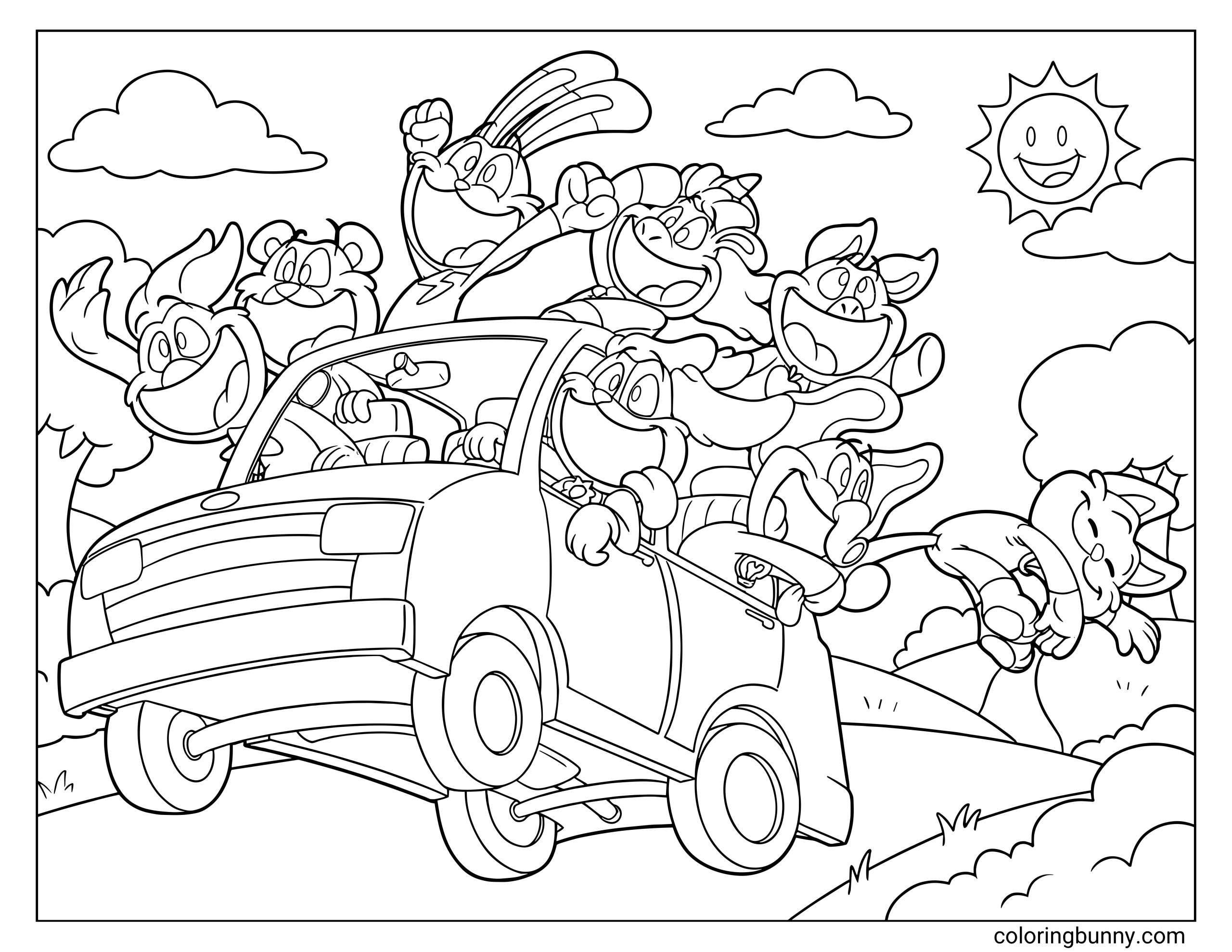 Smiling Critters car adventure coloring page showing multiple Smiling Critters characters happily riding together in a car, leaning out with big smiles as the vehicle speeds along a winding road under a cheerful sun and fluffy clouds, creating a playful, energetic scene.