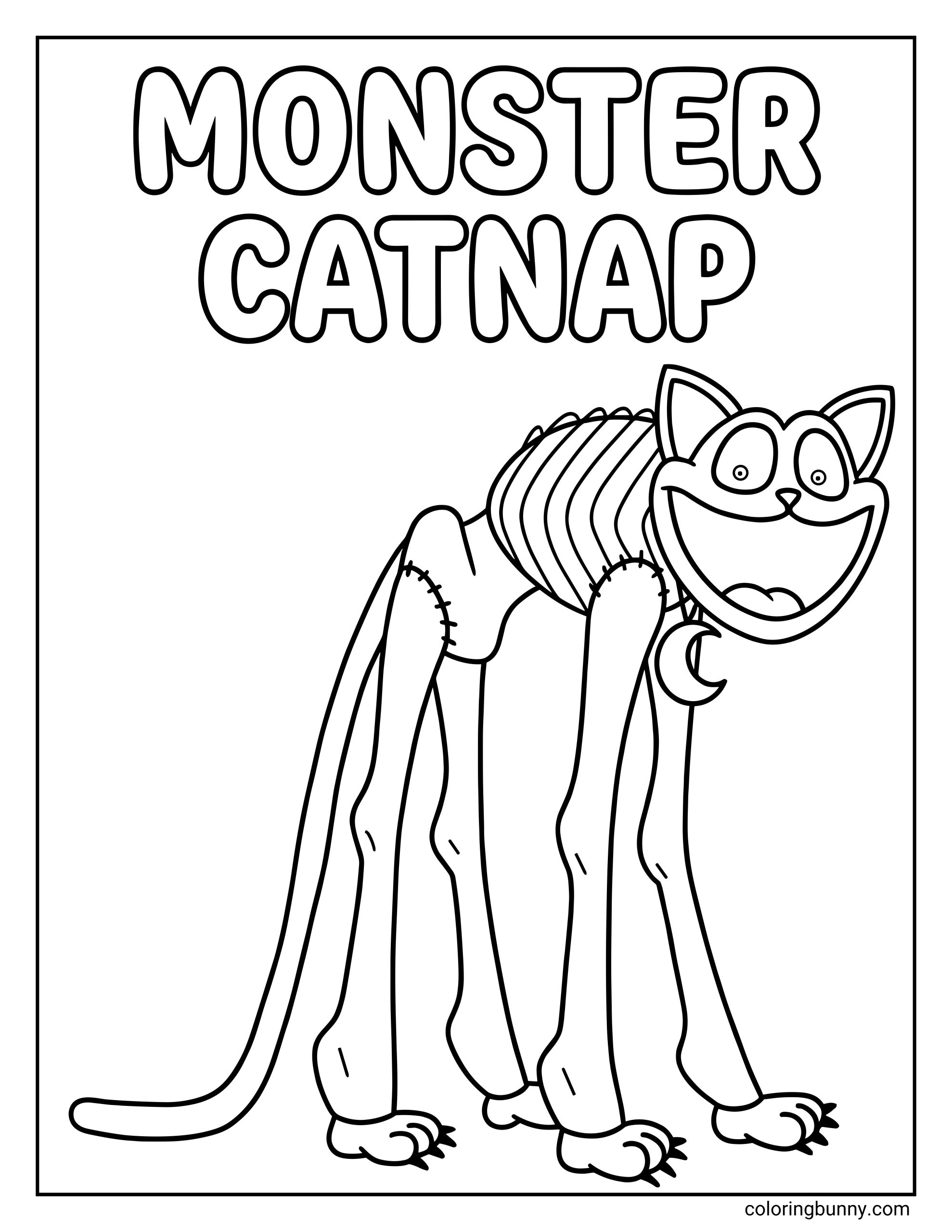 Smiling Critters monster CatNap coloring page showing a long legged monster styled CatNap character with a wide grin, playful expression, and exaggerated creature like body features.
