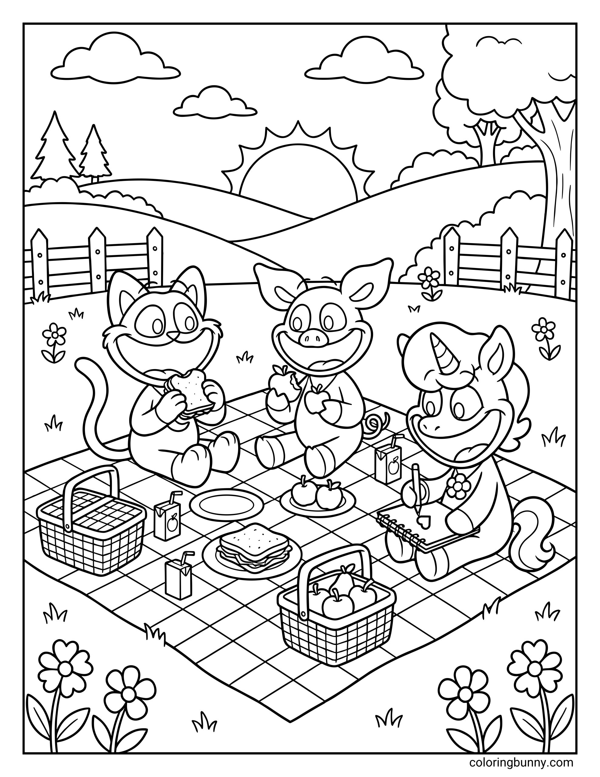 Smiling Critters picnic coloring page showing three Smiling Critters characters sitting on a picnic blanket outdoors, happily eating sandwiches and fruit while one character draws in a sketchbook, with picnic baskets, drinks, flowers, rolling hills, and a large sun in the background.