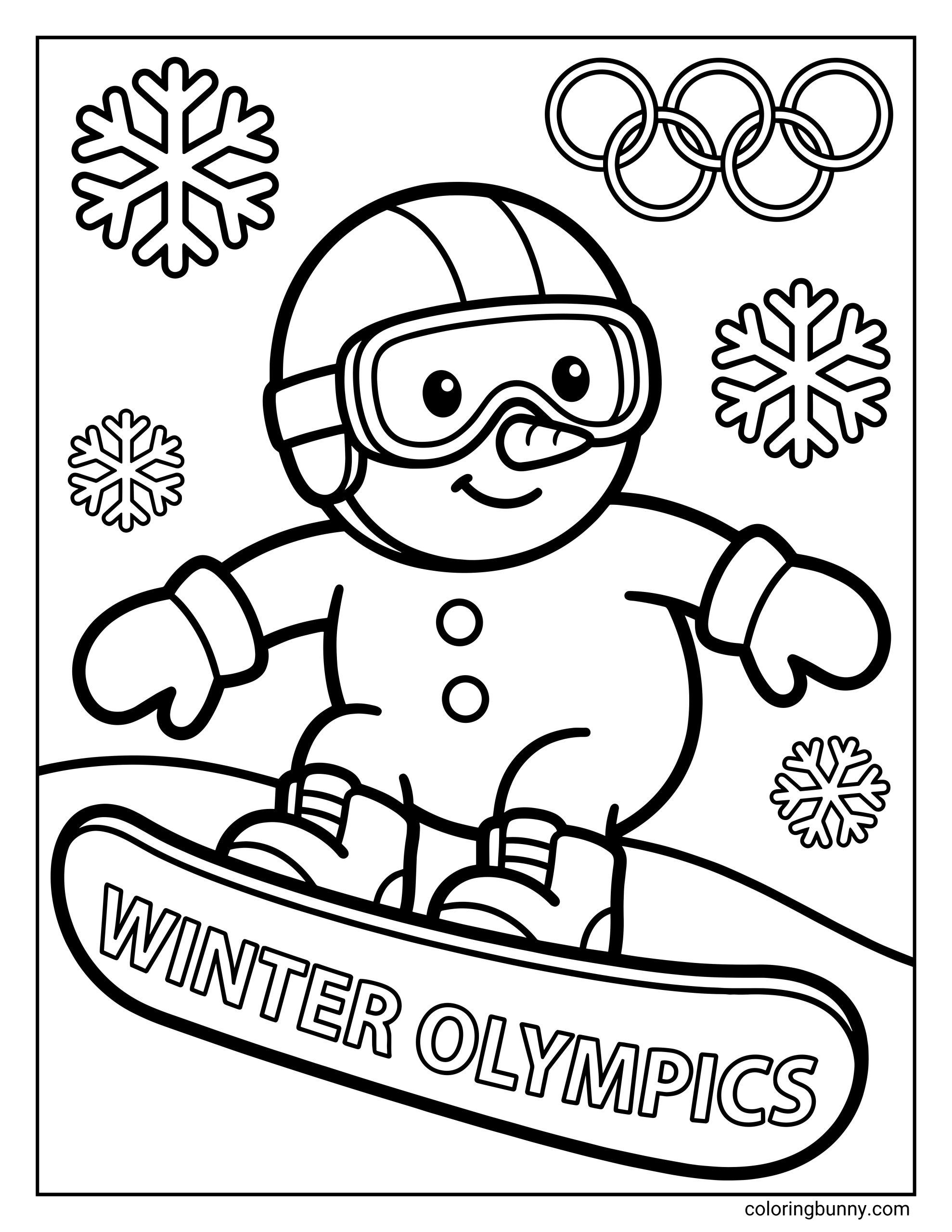 A cute Winter Olympics coloring page featuring a smiling snowman wearing goggles and a helmet while snowboarding down a snowy hill. Snowflakes fall around him, and the Olympic rings appear in the background above a snowboard labeled “Winter Olympics.”