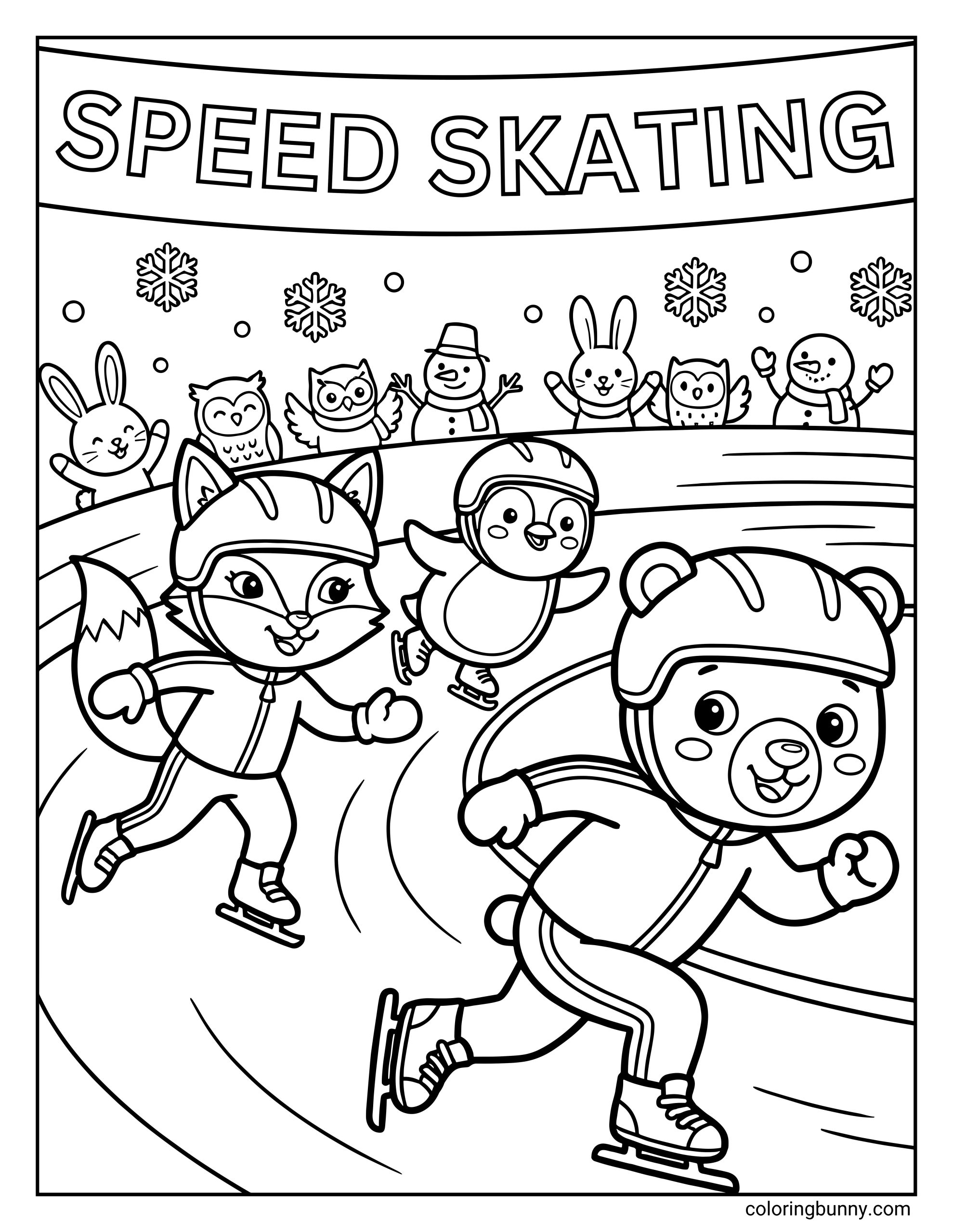 A cute Winter Olympics speed skating coloring page featuring a bear, fox, and penguin wearing helmets and racing suits as they skate quickly around an ice track. Snowflakes fall overhead while animal spectators, including bunnies, owls, and snowmen, cheer from the stands beneath a “Speed Skating” banner.