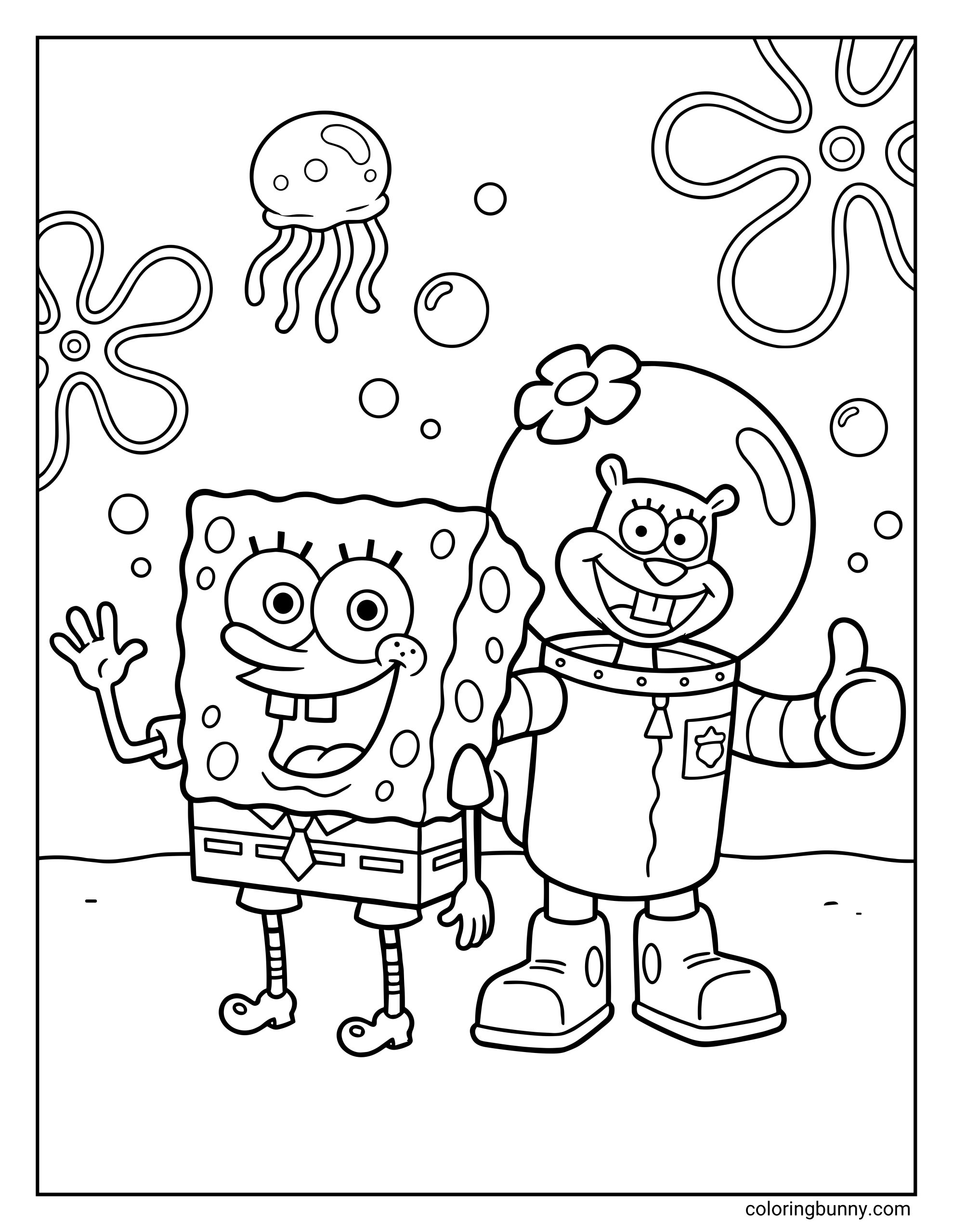 A coloring page of SpongeBob waving and Sandy Cheeks giving a thumbs up in her diving suit, surrounded by bubbles and a jellyfish.