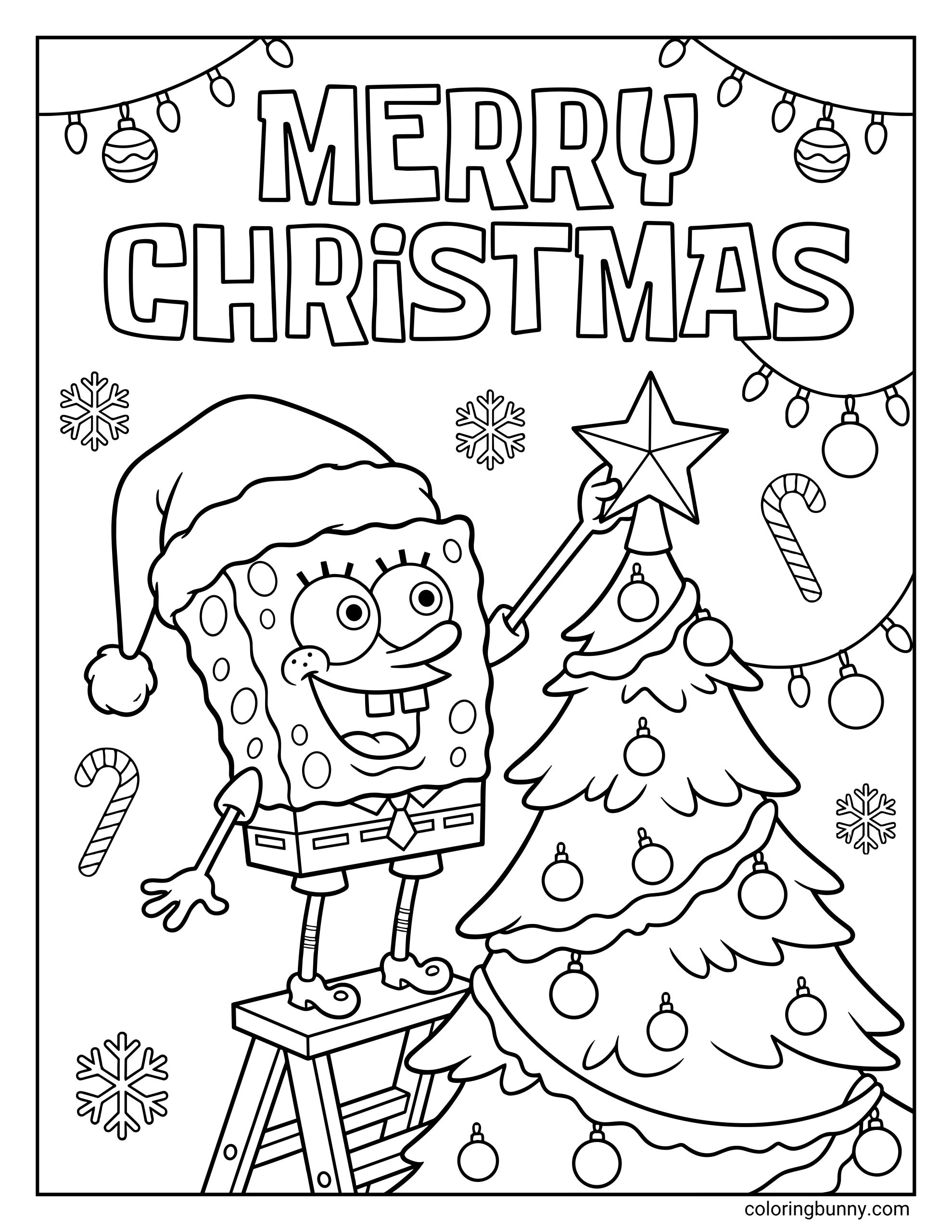 A SpongeBob Christmas coloring page with "MERRY CHRISTMAS" text. SpongeBob, wearing a Santa hat, stands on a ladder to place a star topper on a decorated Christmas tree surrounded by snowflakes and candy canes.