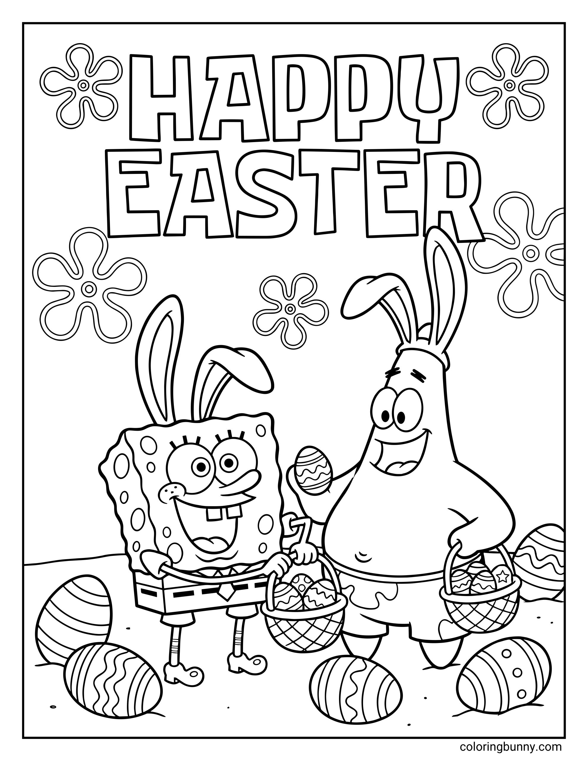 A SpongeBob Easter coloring page with the text "HAPPY EASTER" at the top. It features SpongeBob SquarePants and Patrick Star wearing bunny ears and holding baskets filled with decorated eggs, surrounded by more eggs on the ground.