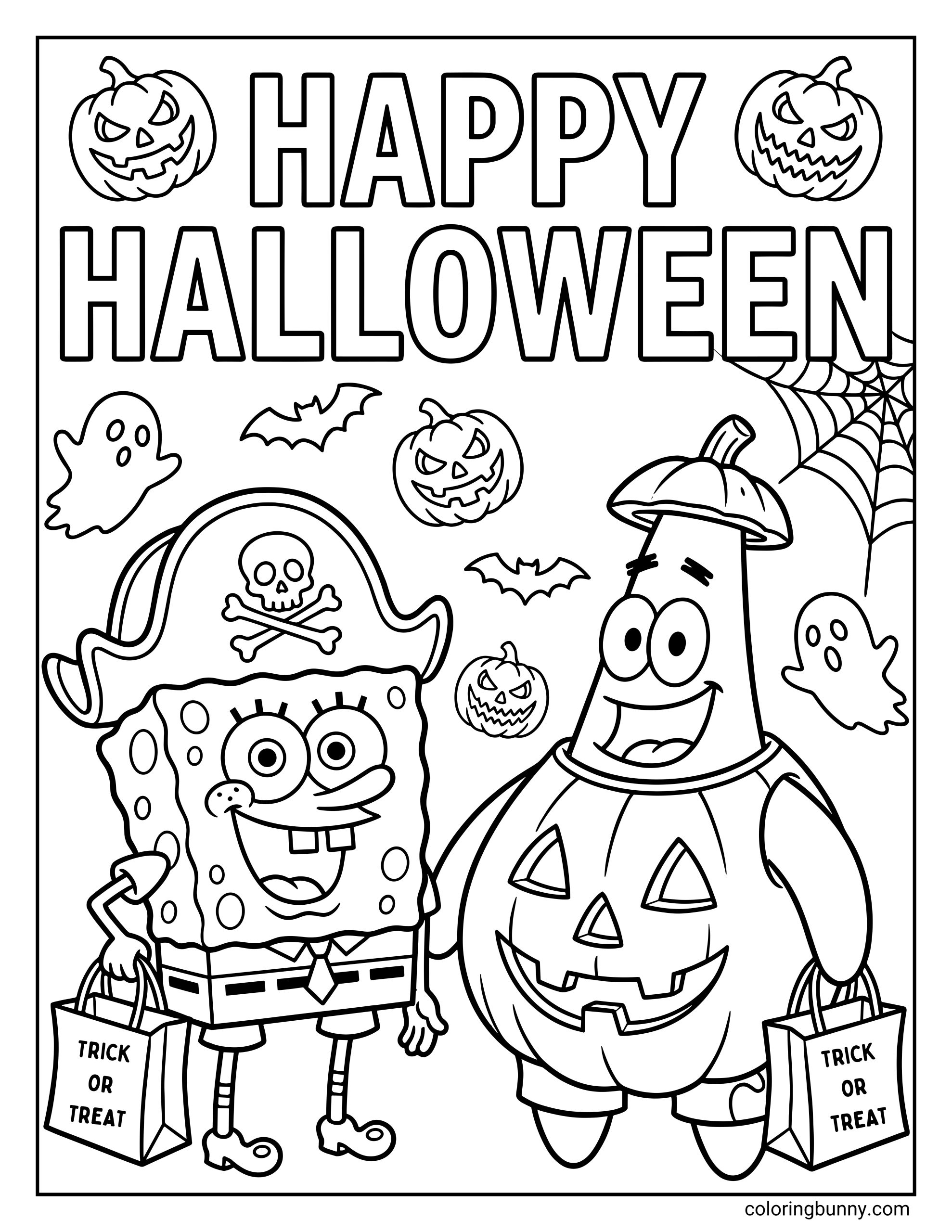 A cute SpongeBob Halloween coloring page with "HAPPY HALLOWEEN" text. It features SpongeBob in a pirate costume and Patrick in a pumpkin suit, surrounded by ghosts, bats, and jack-o'-lanterns.
