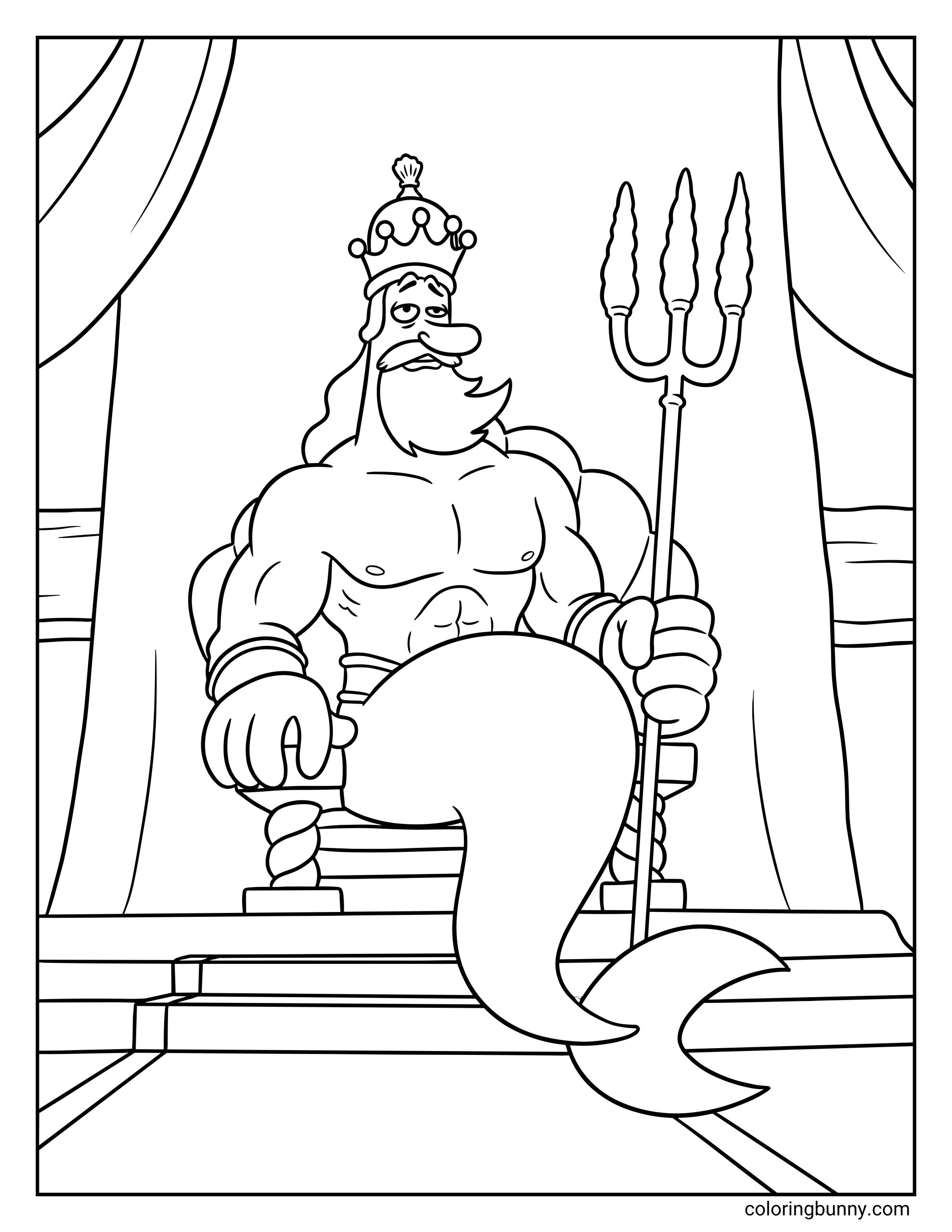 A SpongeBob coloring page of King Neptune sitting regally on his throne holding a large trident. He is wearing a crown, has a thick beard, and a mermaid tail, with curtains draped in the background.