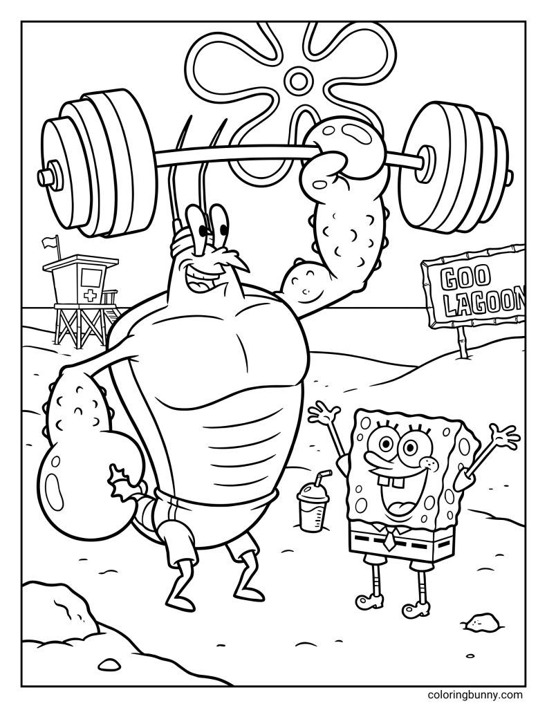 A SpongeBob coloring page set at Goo Lagoon featuring Larry the Lobster effortlessly lifting a heavy barbell with one hand while flexing. SpongeBob SquarePants stands next to him cheering, with a drink on the ground and a lifeguard tower in the background.