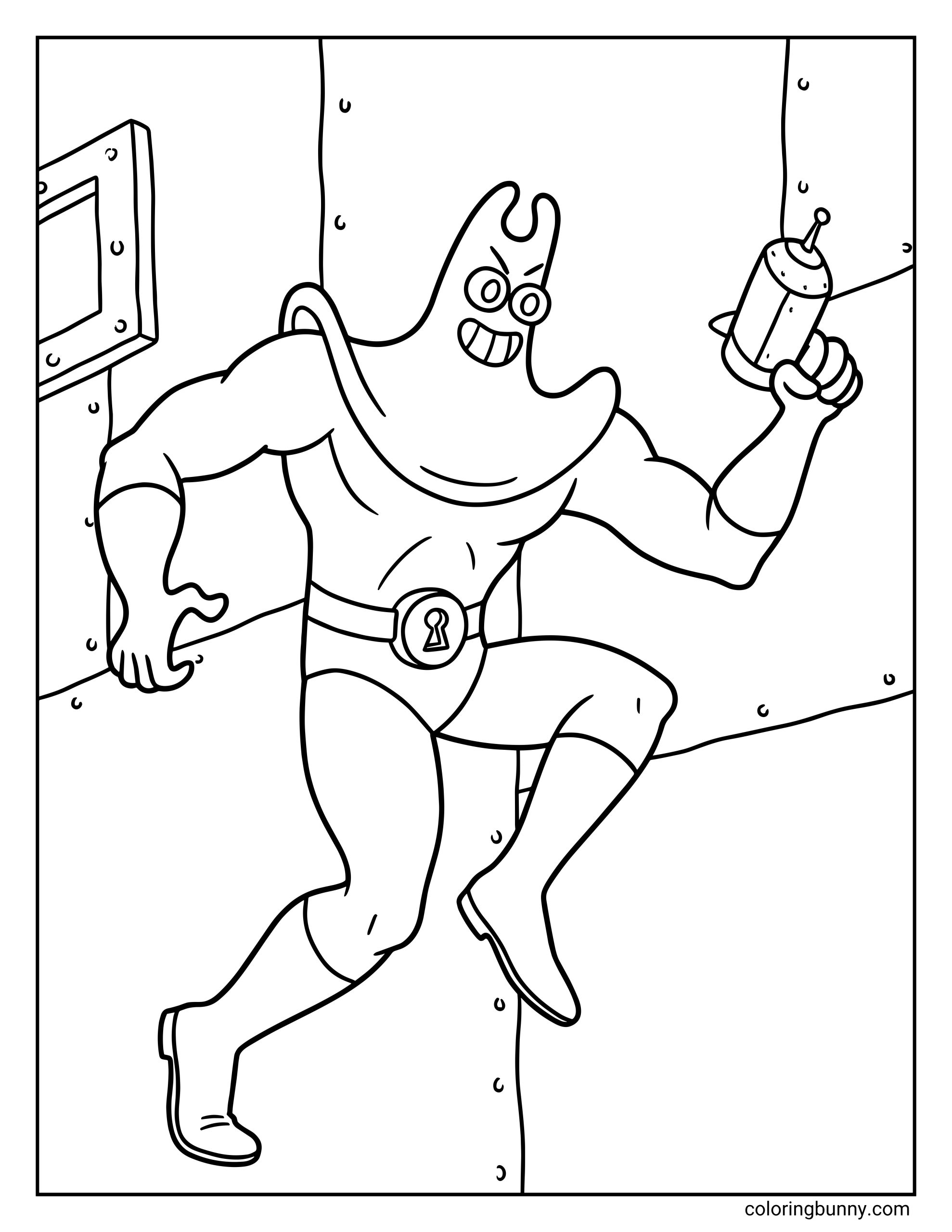 A coloring page of the SpongeBob villain Man Ray running through a metal corridor while holding a ray gun weapon. He is wearing his signature mask and suit, looking ready for battle.