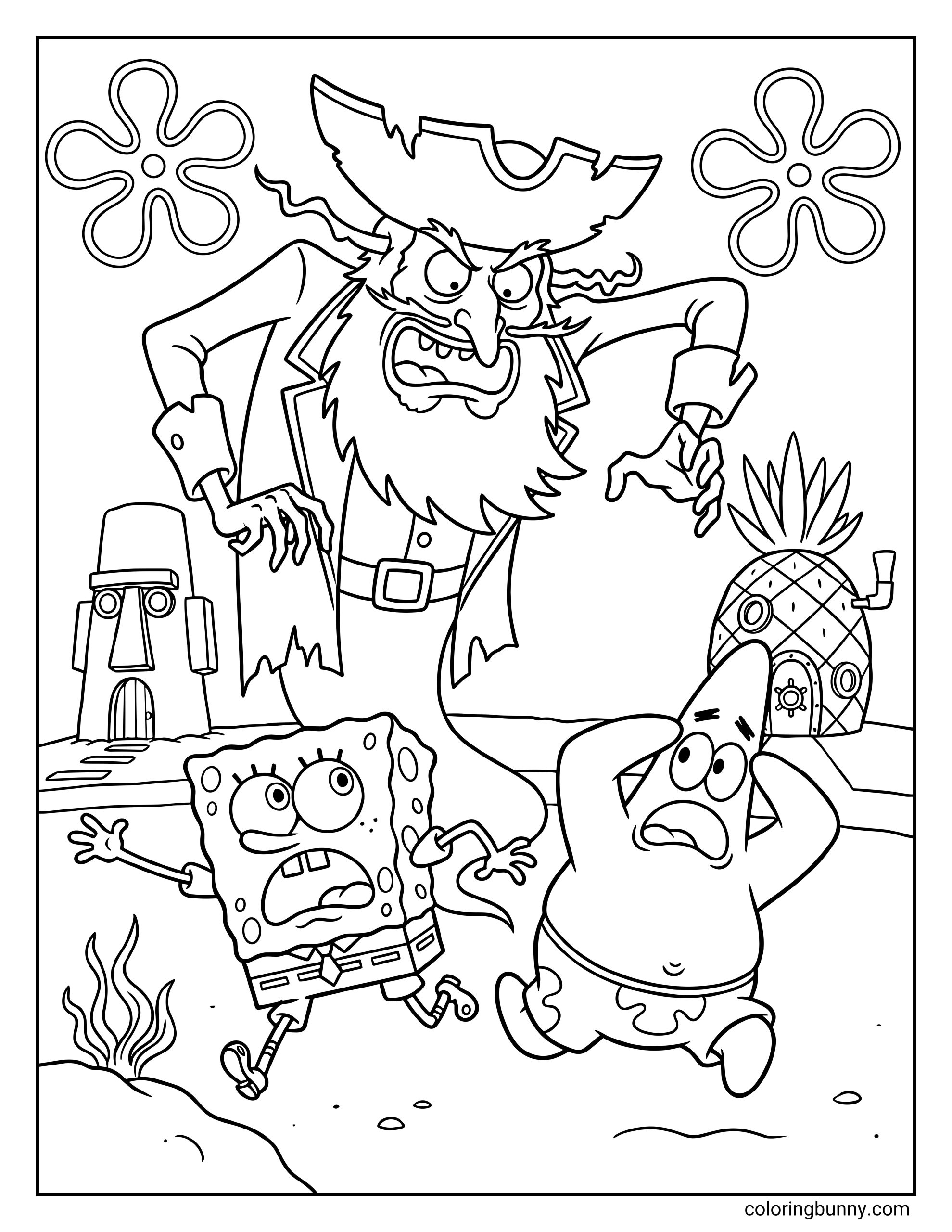 A SpongeBob SquarePants coloring page of the ghostly pirate Flying Dutchman looming over a terrified SpongeBob and Patrick, who are running away screaming near their houses.