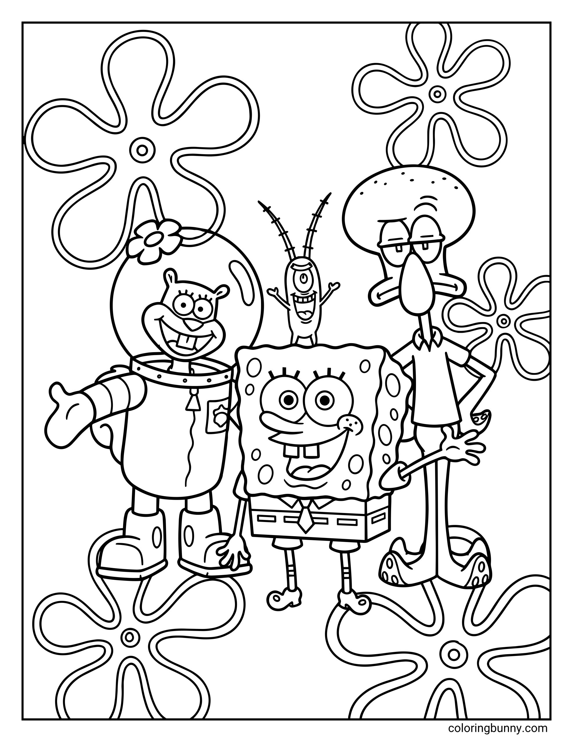 A SpongeBob coloring page featuring Sandy Cheeks waving on the left, SpongeBob SquarePants in the center with Plankton standing on his head, and a grumpy Squidward Tentacles standing on the right.
