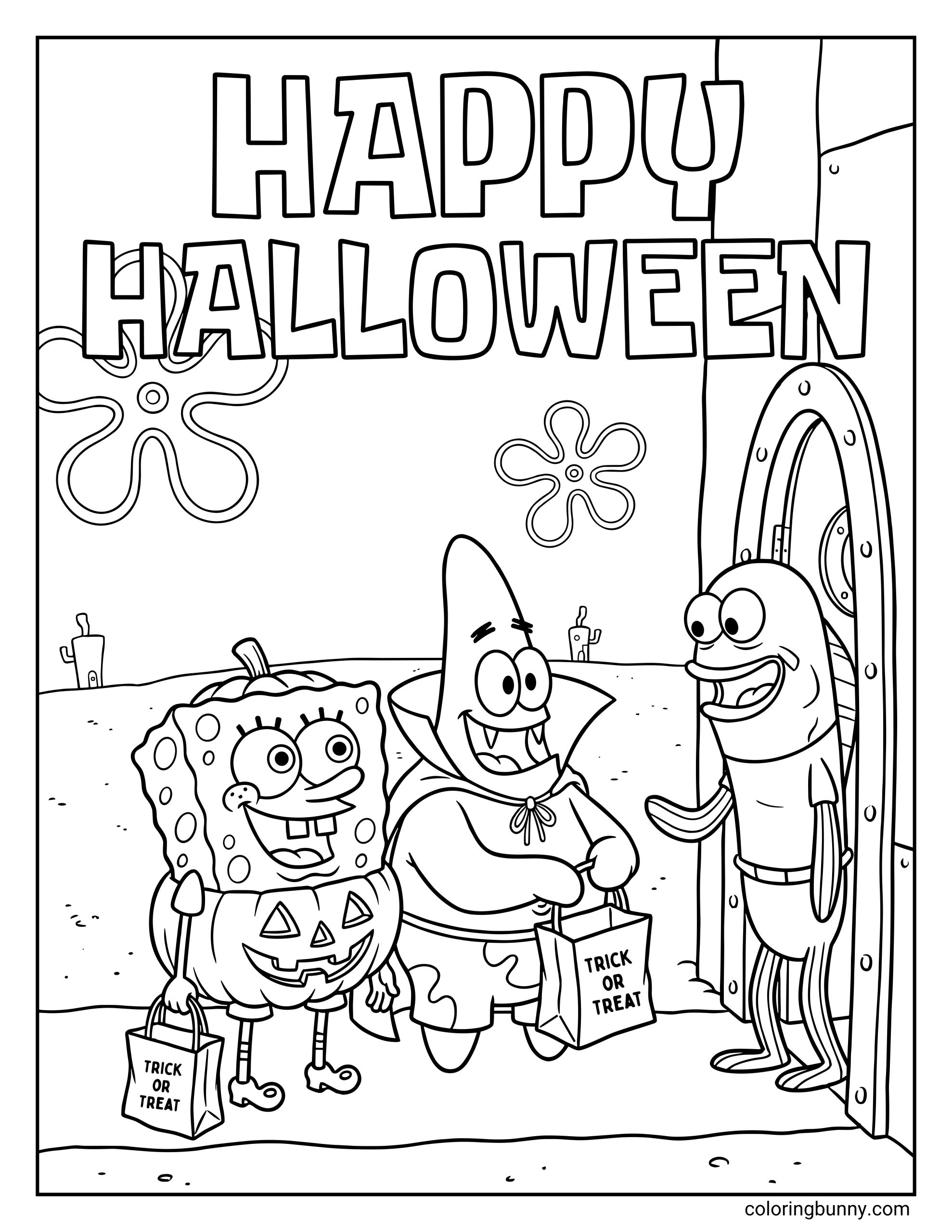A SpongeBob Halloween coloring page featuring the text "HAPPY HALLOWEEN" above SpongeBob dressed as a jack-o'-lantern and Patrick dressed as a vampire. They are holding "Trick or Treat" bags while standing at a neighbor's open door.