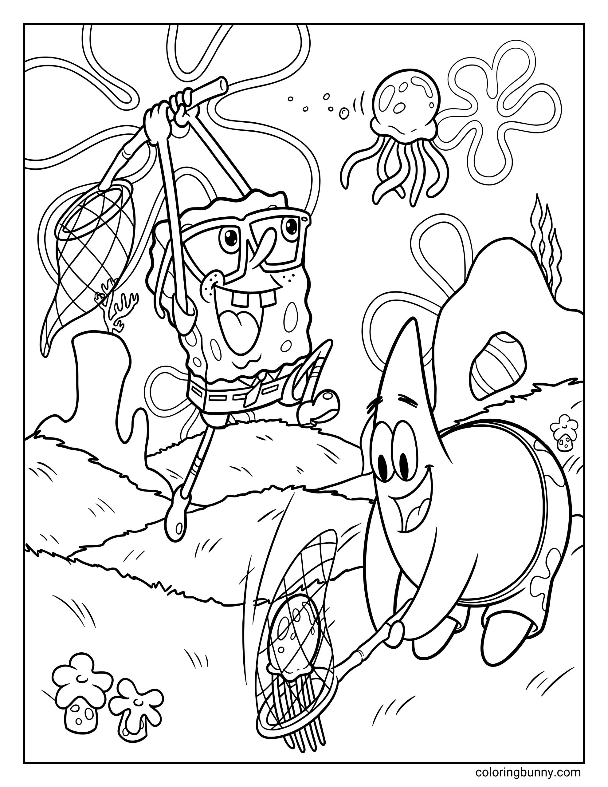 A coloring page of SpongeBob wearing safety glasses and Patrick running with nets to catch jellyfish in a rocky underwater landscape.