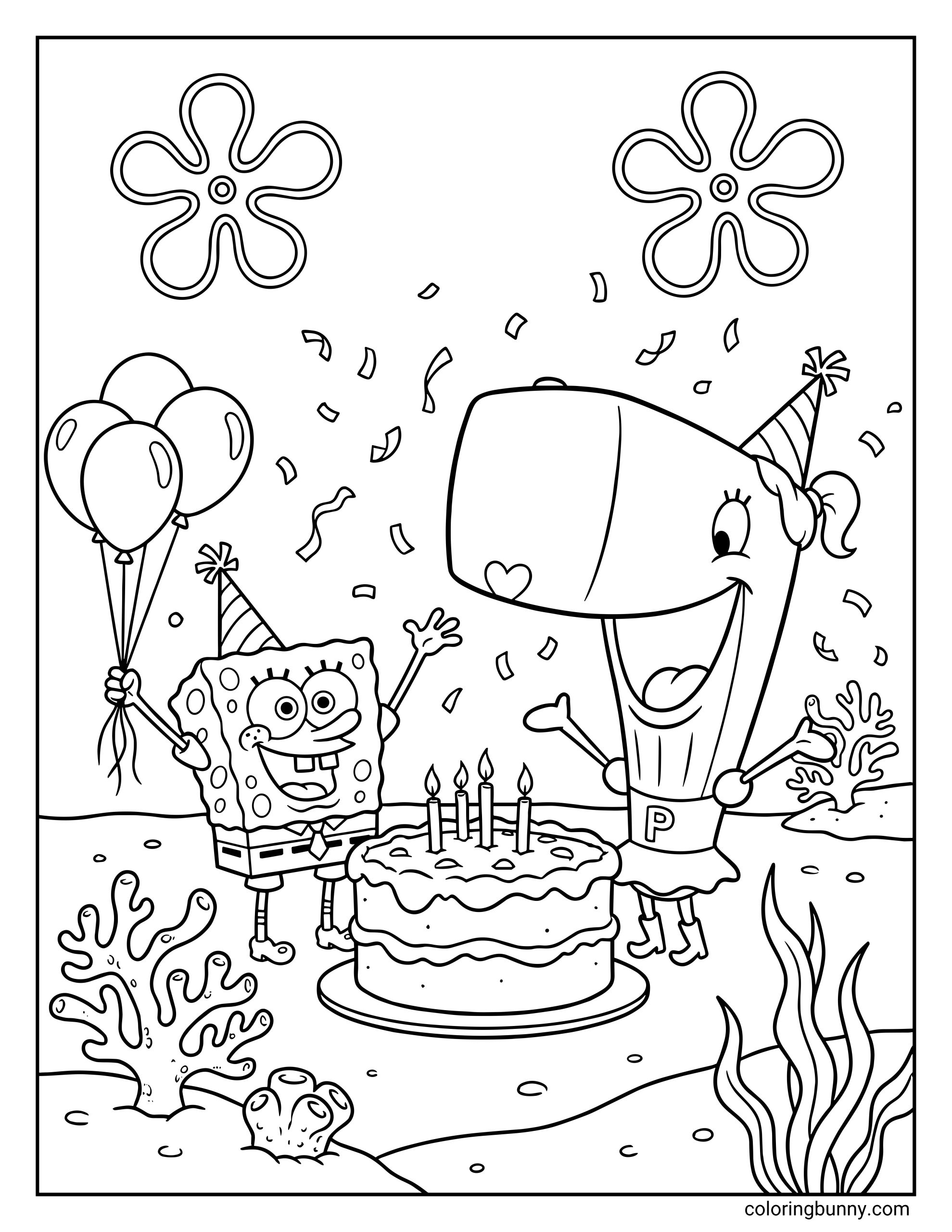 A coloring page of SpongeBob holding a bunch of balloons and cheering next to Pearl Krabs, who stands beside a large birthday cake topped with candles. Both characters are wearing party hats surrounded by falling confetti and underwater coral.