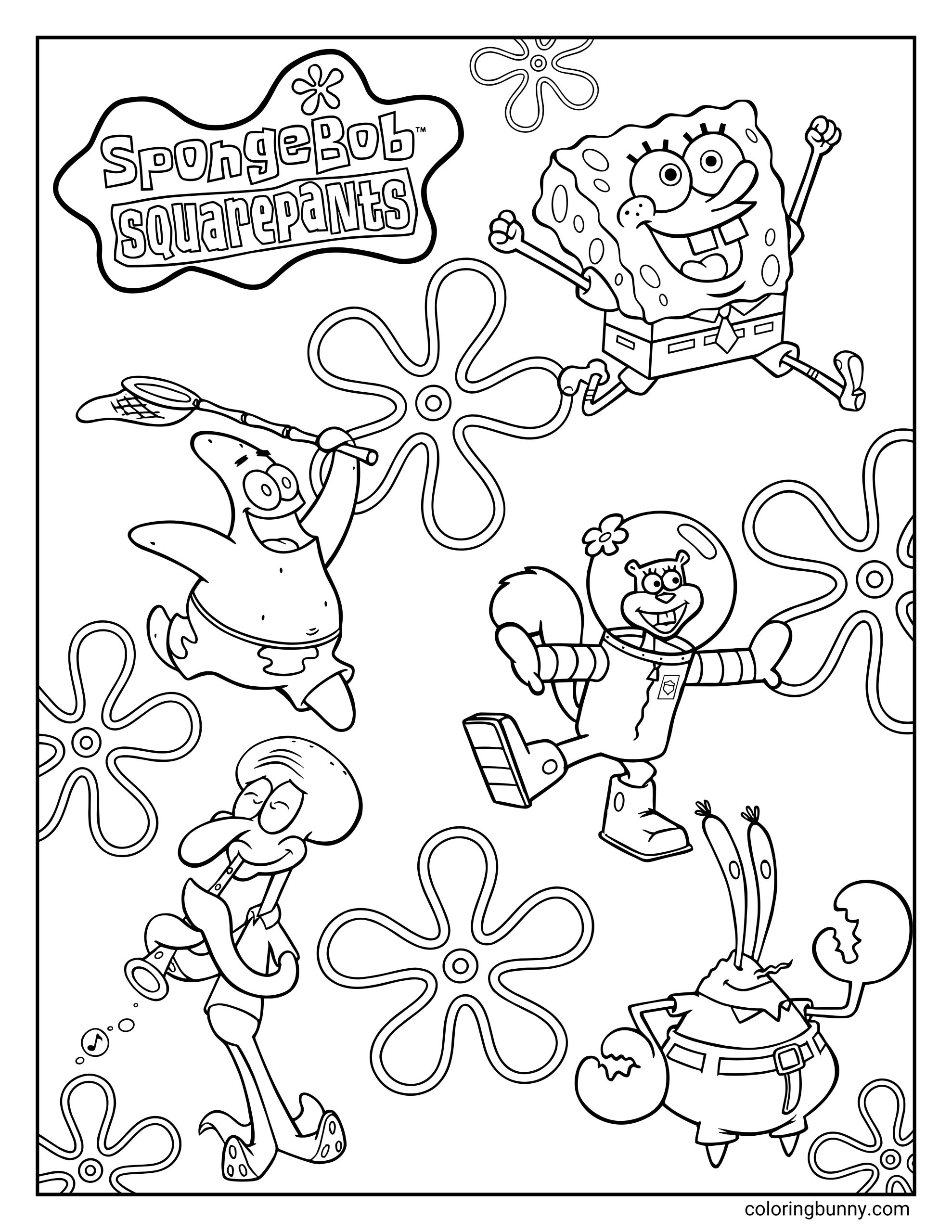 A SpongeBob coloring page of the main SpongeBob characters: Squidward playing clarinet, Patrick running with a net, Sandy walking, Mr. Krabs smiling, and SpongeBob jumping high.