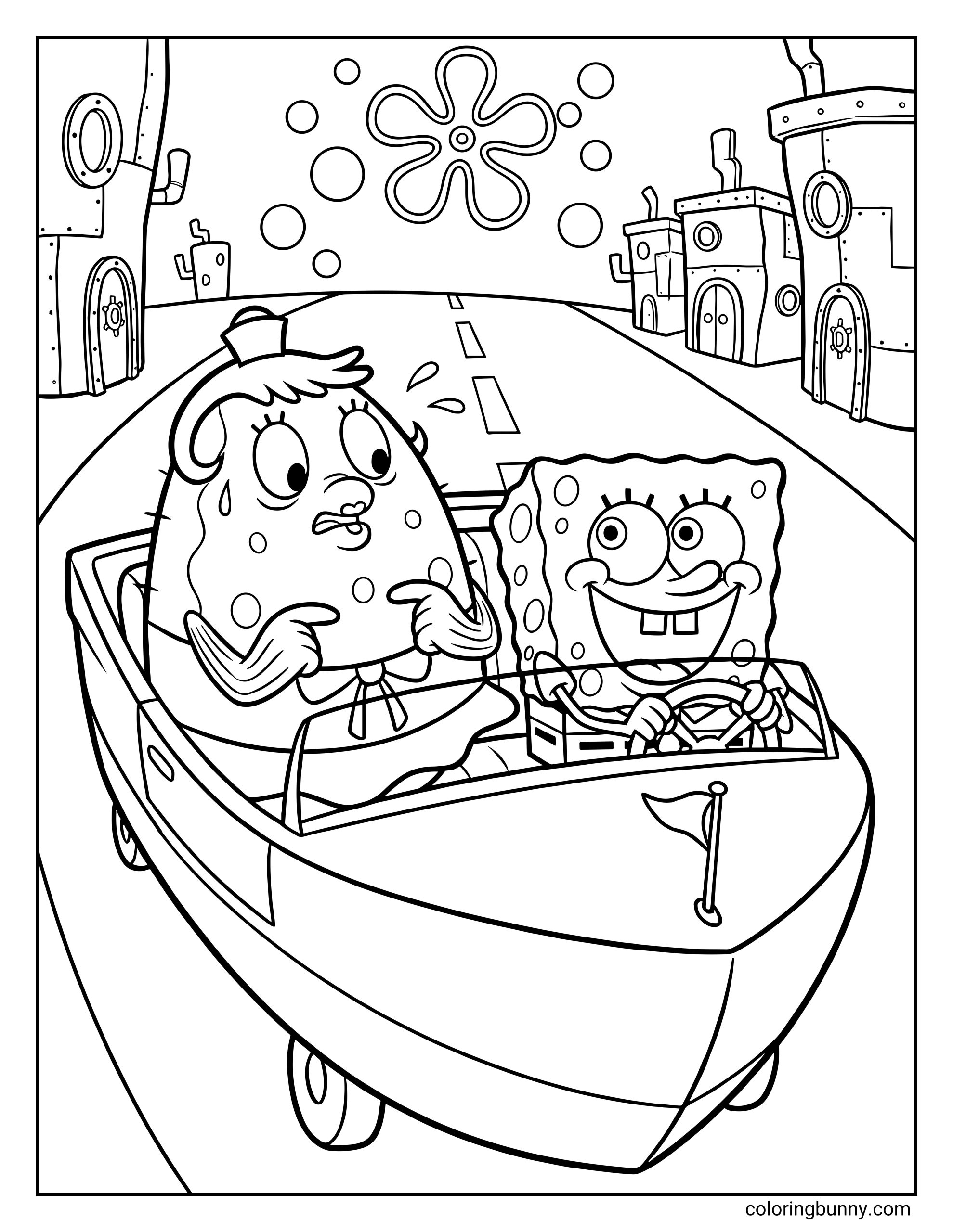 A coloring page showing SpongeBob SquarePants smiling broadly as he steers a boatmobile down a road. Beside him, Mrs. Puff looks terrified, with sweat drops flying and hands clutched in anxiety. The background features typical Bikini Bottom architecture, bubbles, and a flower cloud.