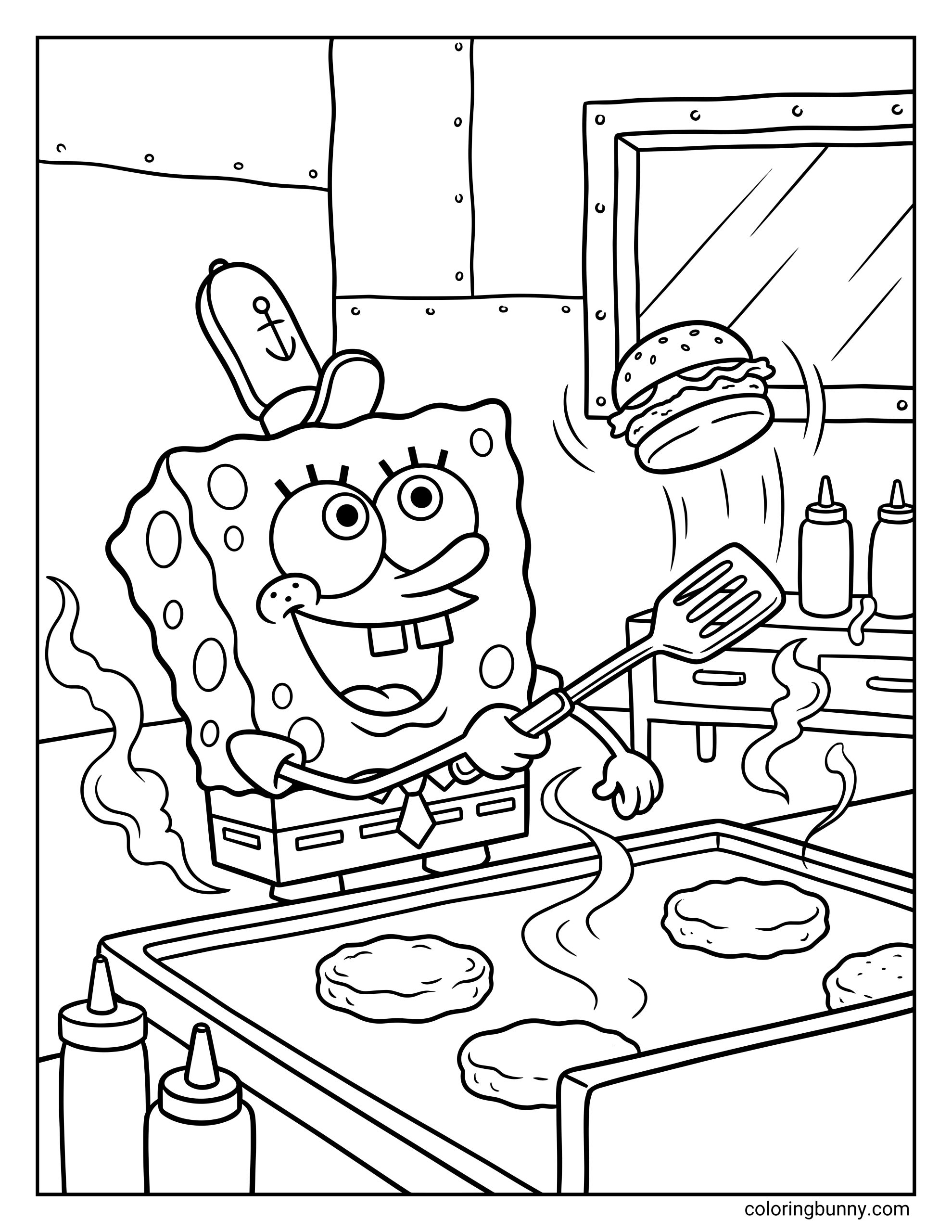A coloring page of SpongeBob wearing a work hat and flipping a Kraby Pattie with a spatula at the The Krusty Krab grill.