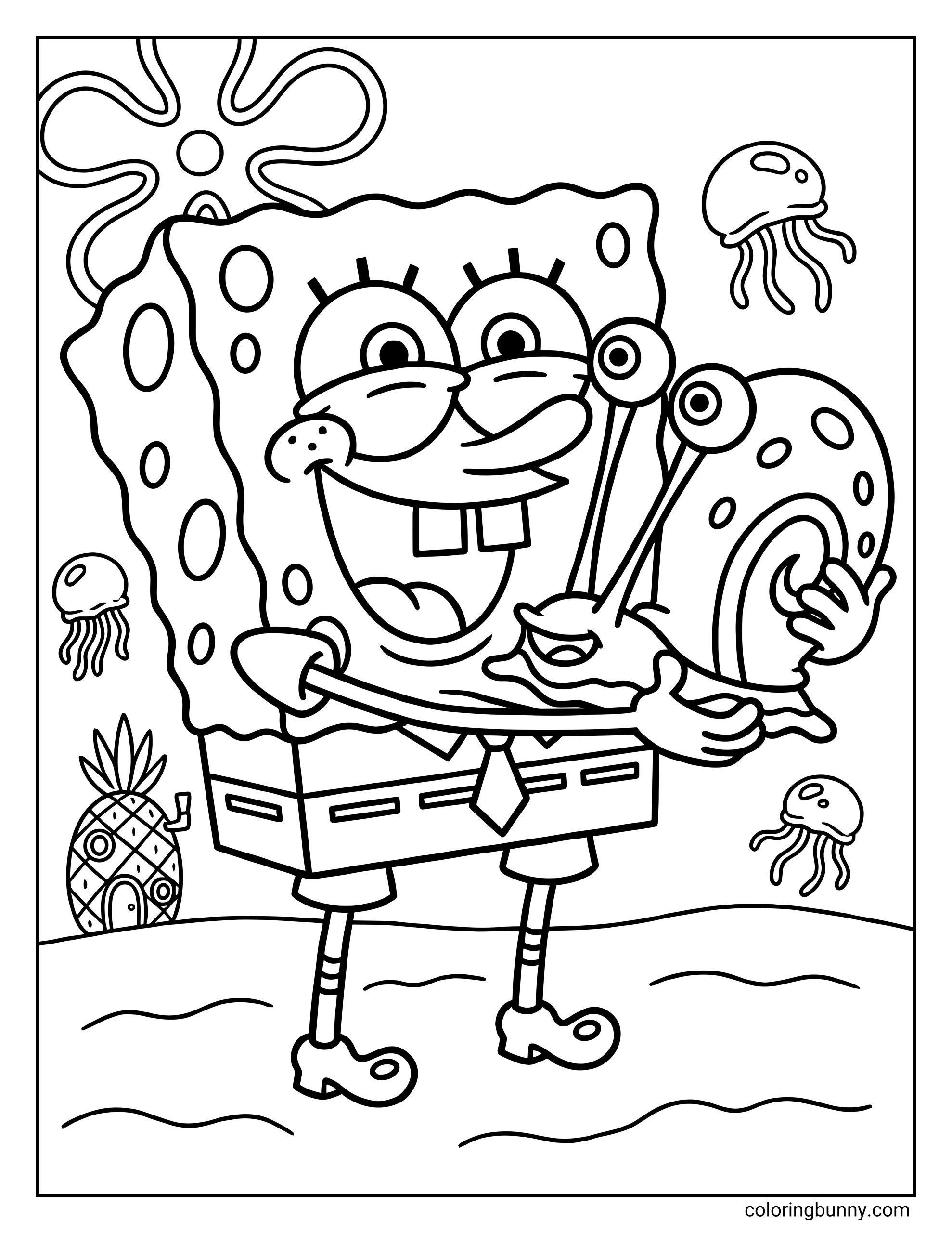 A coloring page featuring a close-up of SpongeBob SquarePants smiling broadly while tightly hugging his pet snail, Gary. Three jellyfish float in the background, and a small version of SpongeBob's pineapple house sits in the bottom left corner.