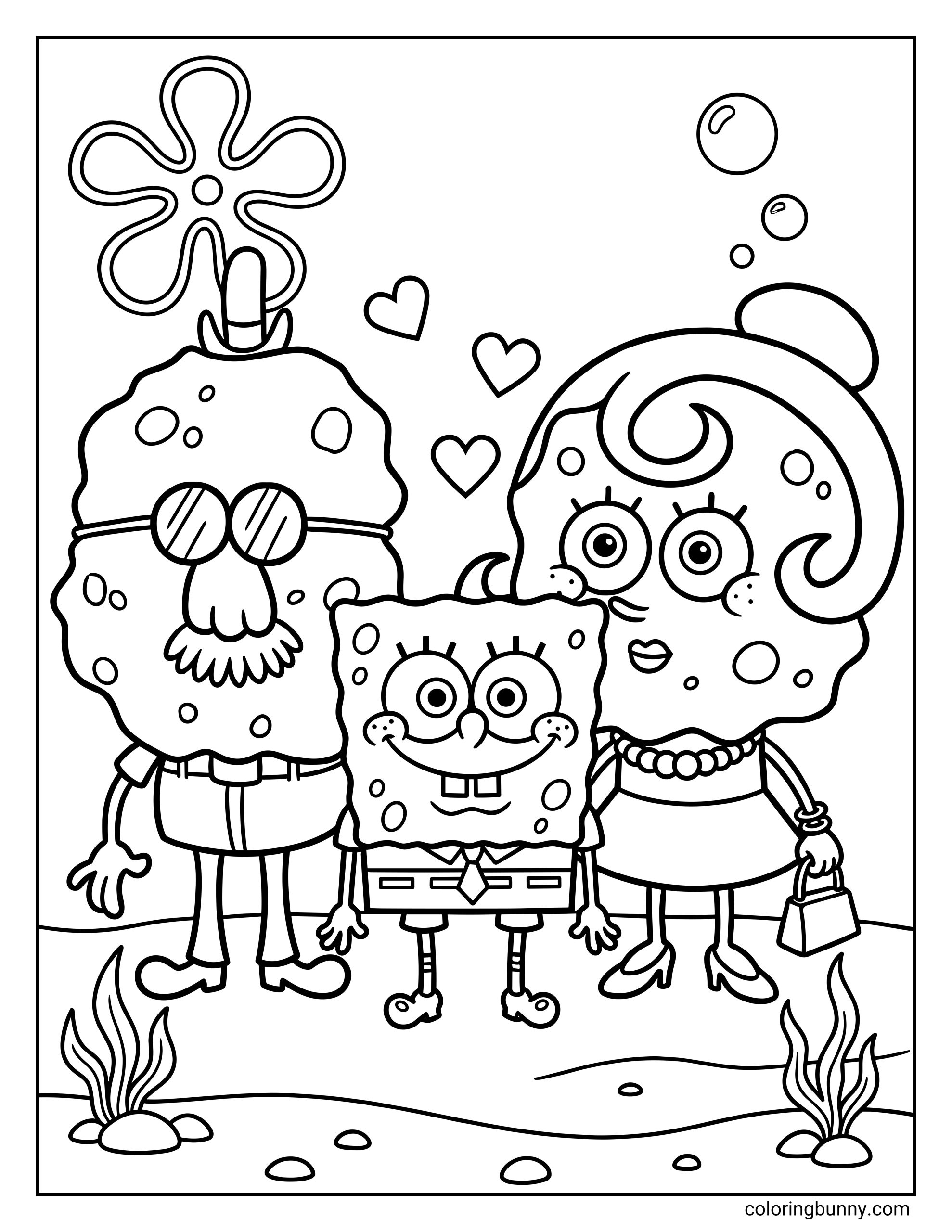 A coloring page of SpongeBob SquarePants standing happily between his father, Harold, and his mother, Margaret. The family is surrounded by bubbles and floating hearts.