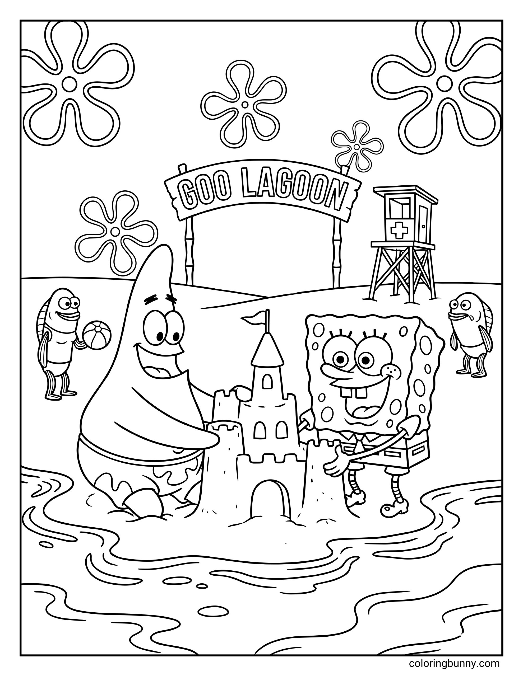 A coloring page of SpongeBob and Patrick building a sandcastle at Goo Lagoon beach, with a lifeguard tower and fish playing in the background.