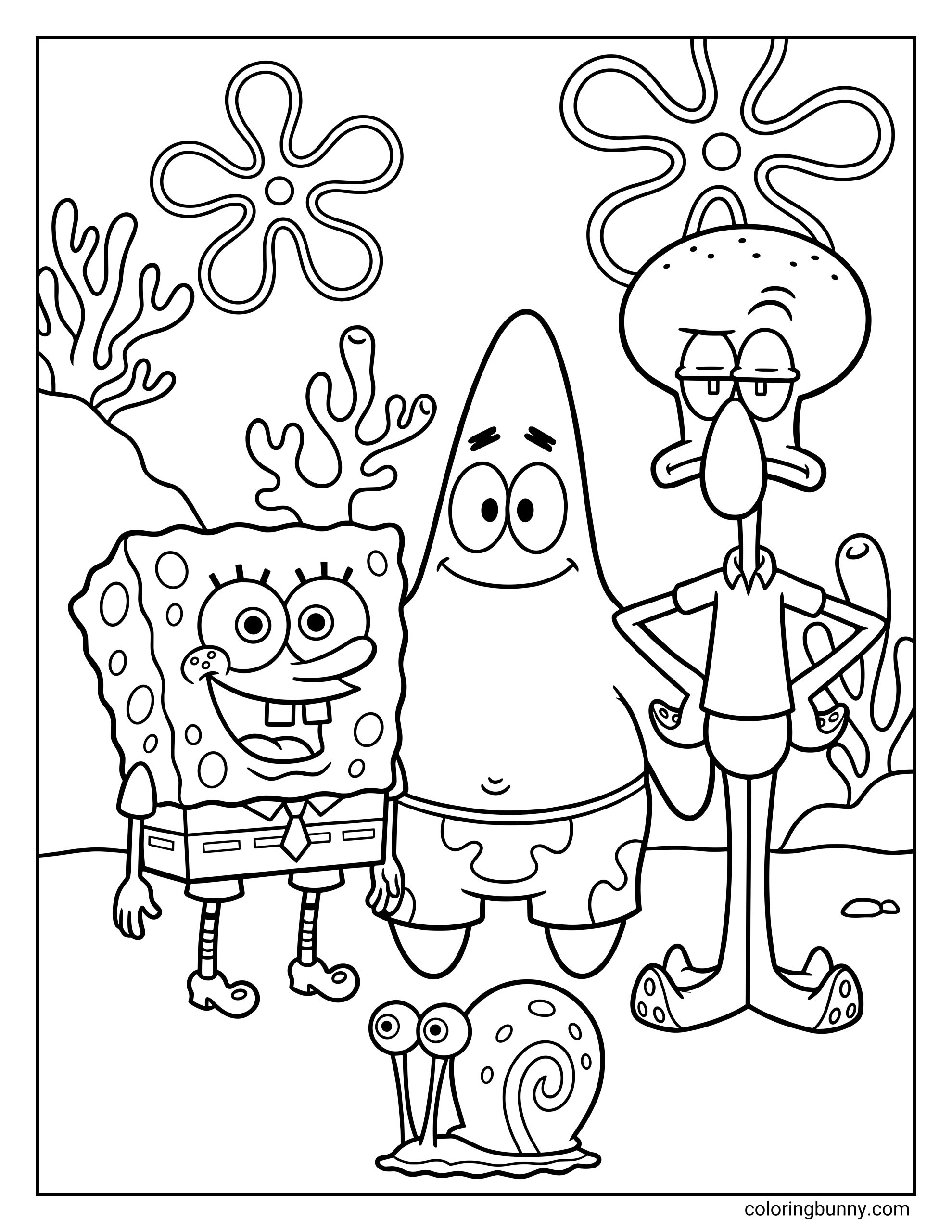 A coloring page of SpongeBob, Patrick, Squidward, and Gary the Snail standing together in a group with coral in the background.