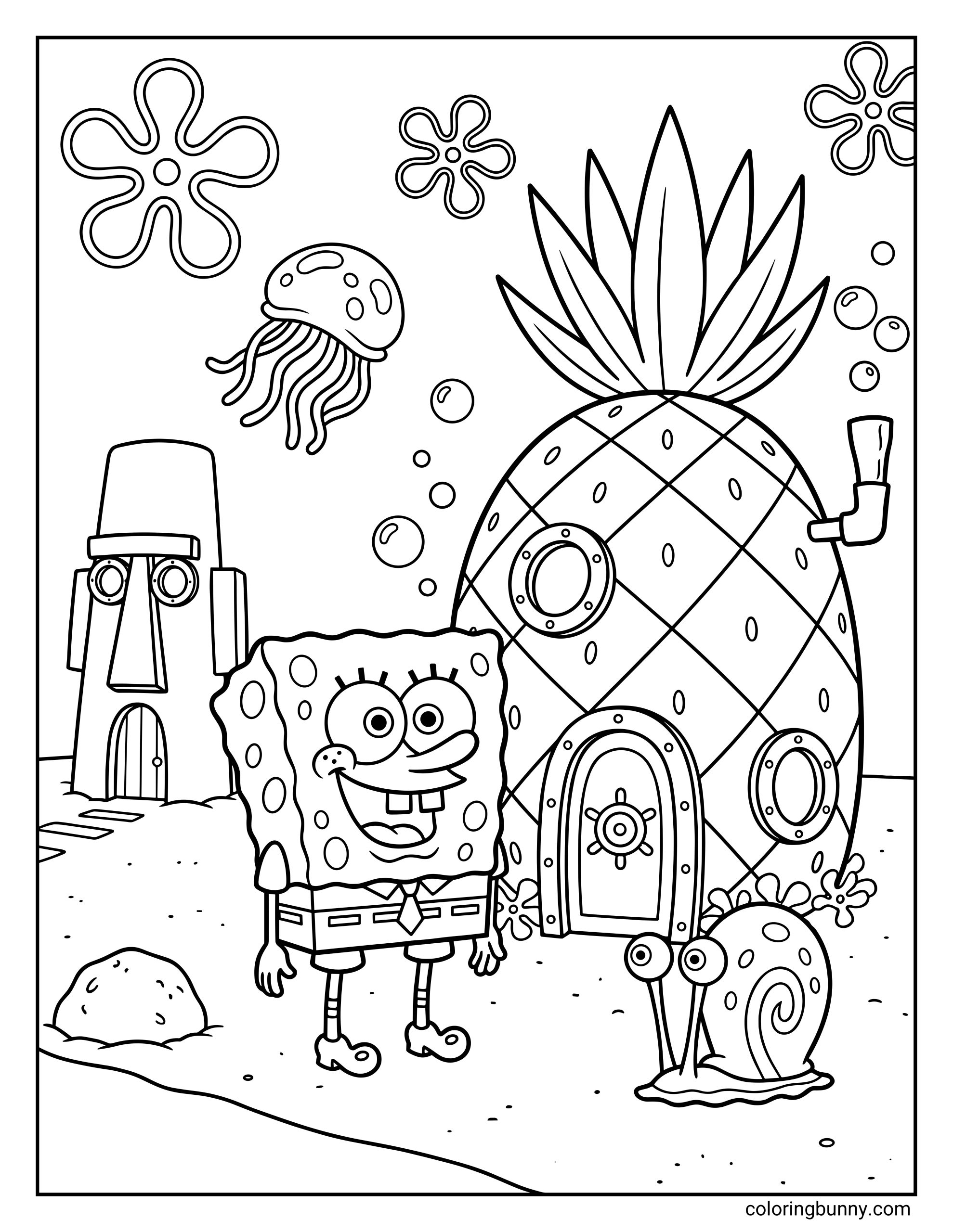 A coloring page of SpongeBob and Gary standing in front of their large pineapple house, with Squidward's house and a jellyfish in the background.