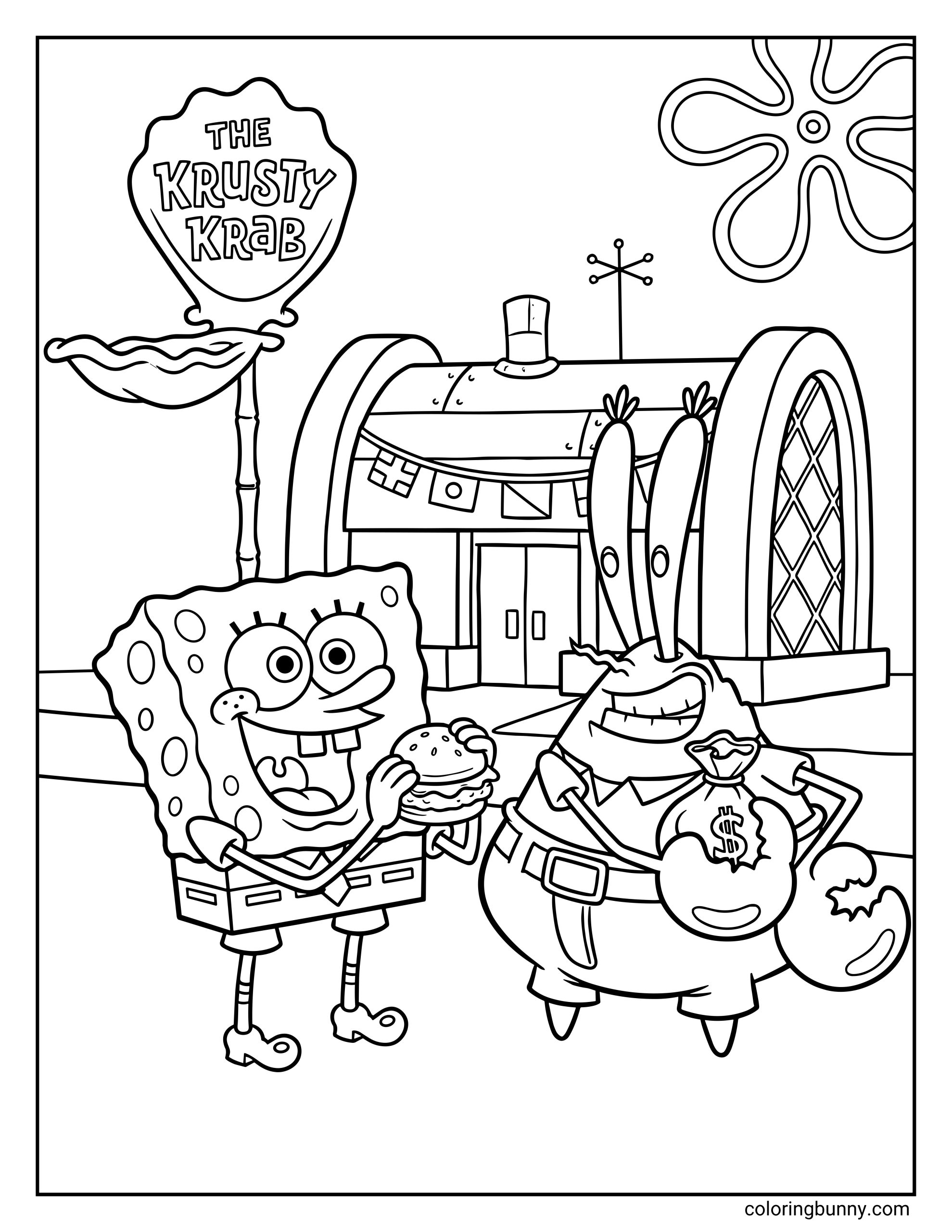 A coloring page of SpongeBob holding a burger and Mr. Krabs holding a money bag with a dollar sign, standing in front of the Krusty Krab.