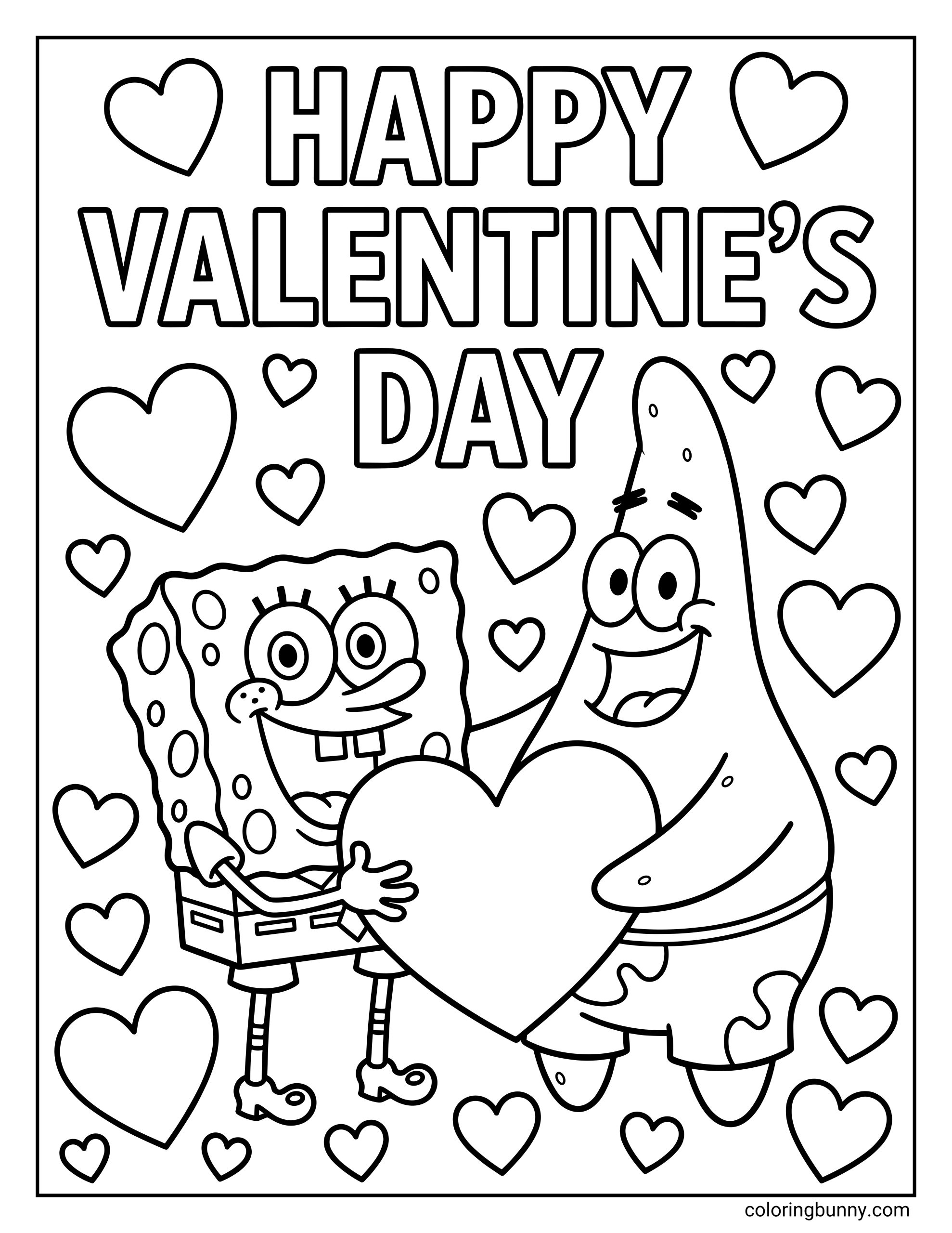 A coloring page of SpongeBob and Patrick holding a big heart together under the text "HAPPY VALENTINE'S DAY."