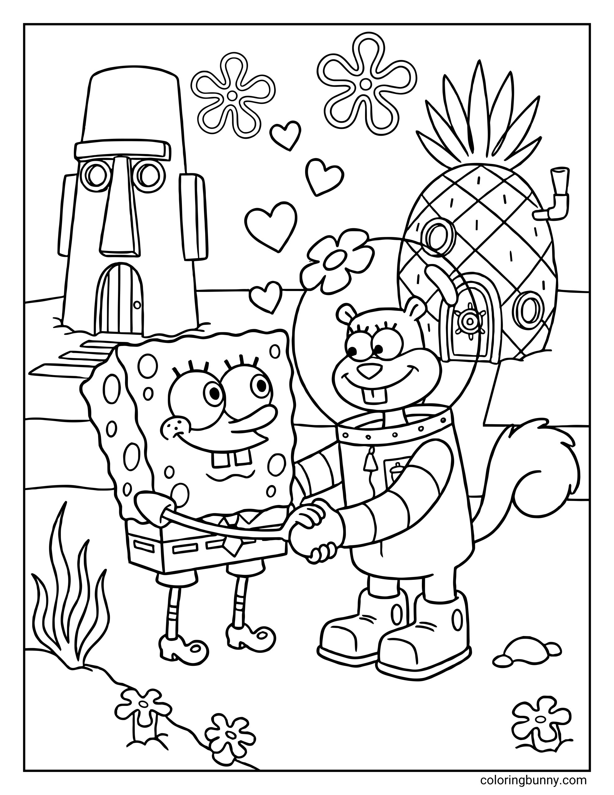 A coloring page of SpongeBob and Sandy Cheeks holding hands in front of the pineapple house, surrounded by hearts.