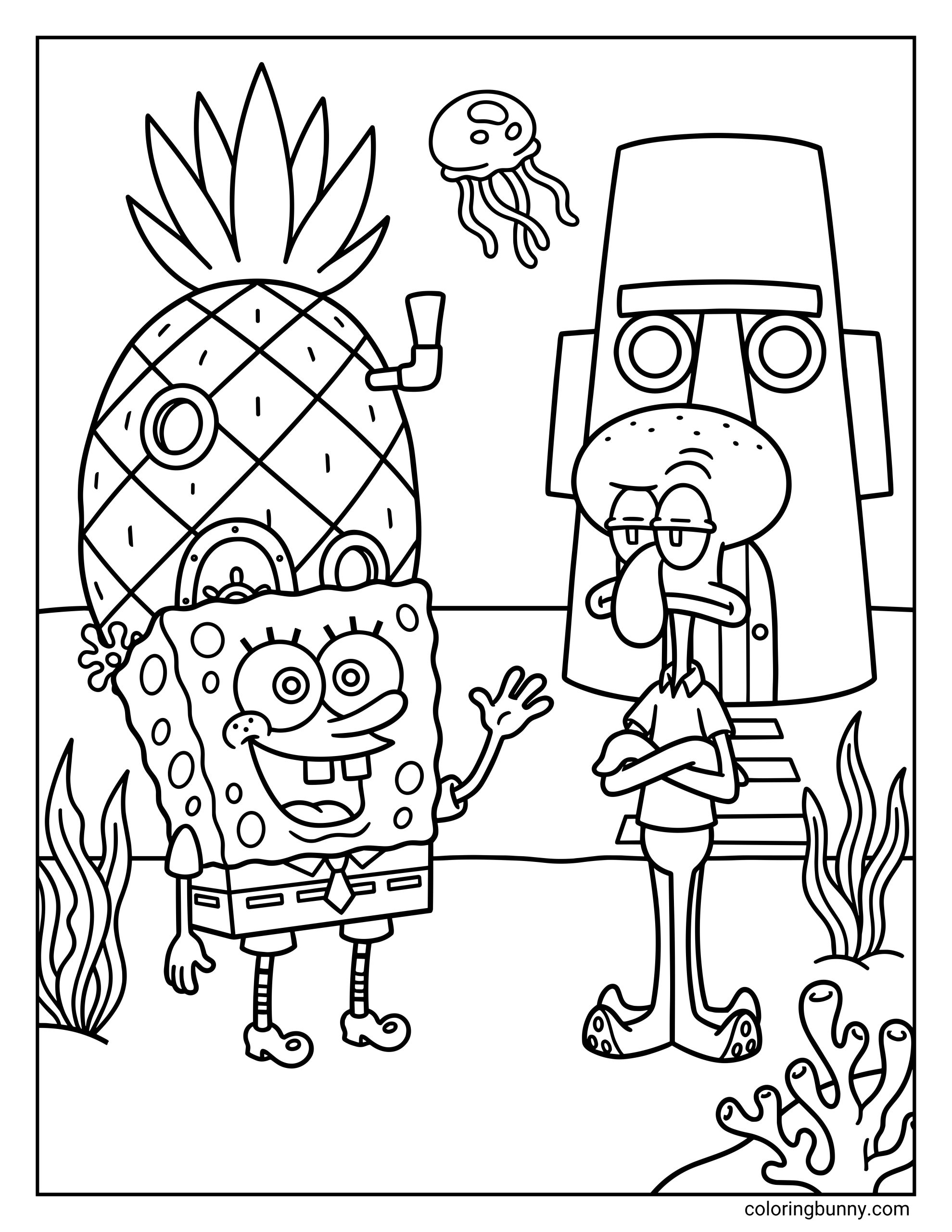 A coloring page of SpongeBob waving happily at a cross-armed Squidward, standing in front of their houses with a jellyfish swimming above.