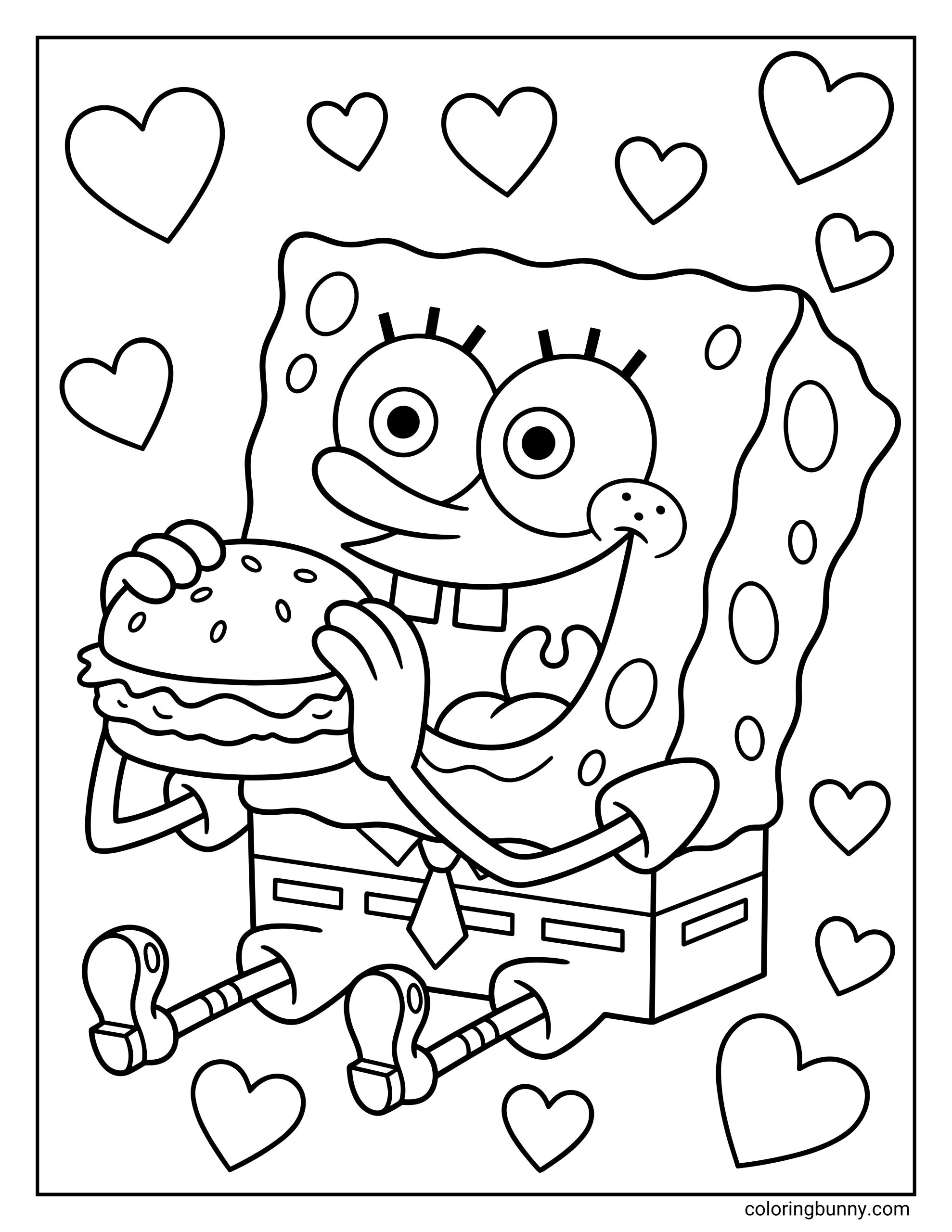 A coloring page of SpongeBob sitting down holding a Krabby Patty burger, surrounded by floating hearts.