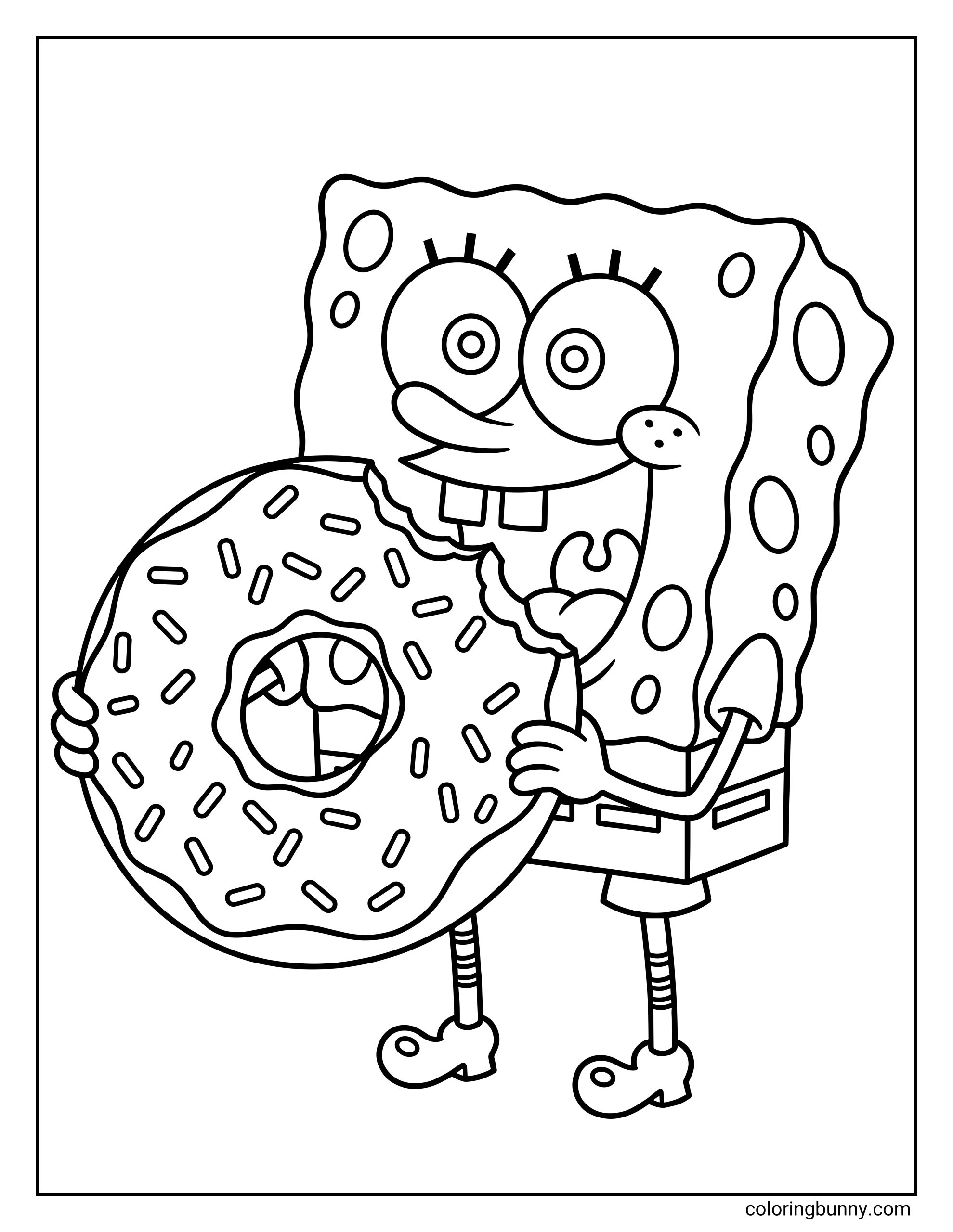 A coloring page of SpongeBob SquarePants holding a large donut with sprinkles that has a bite taken out of it.