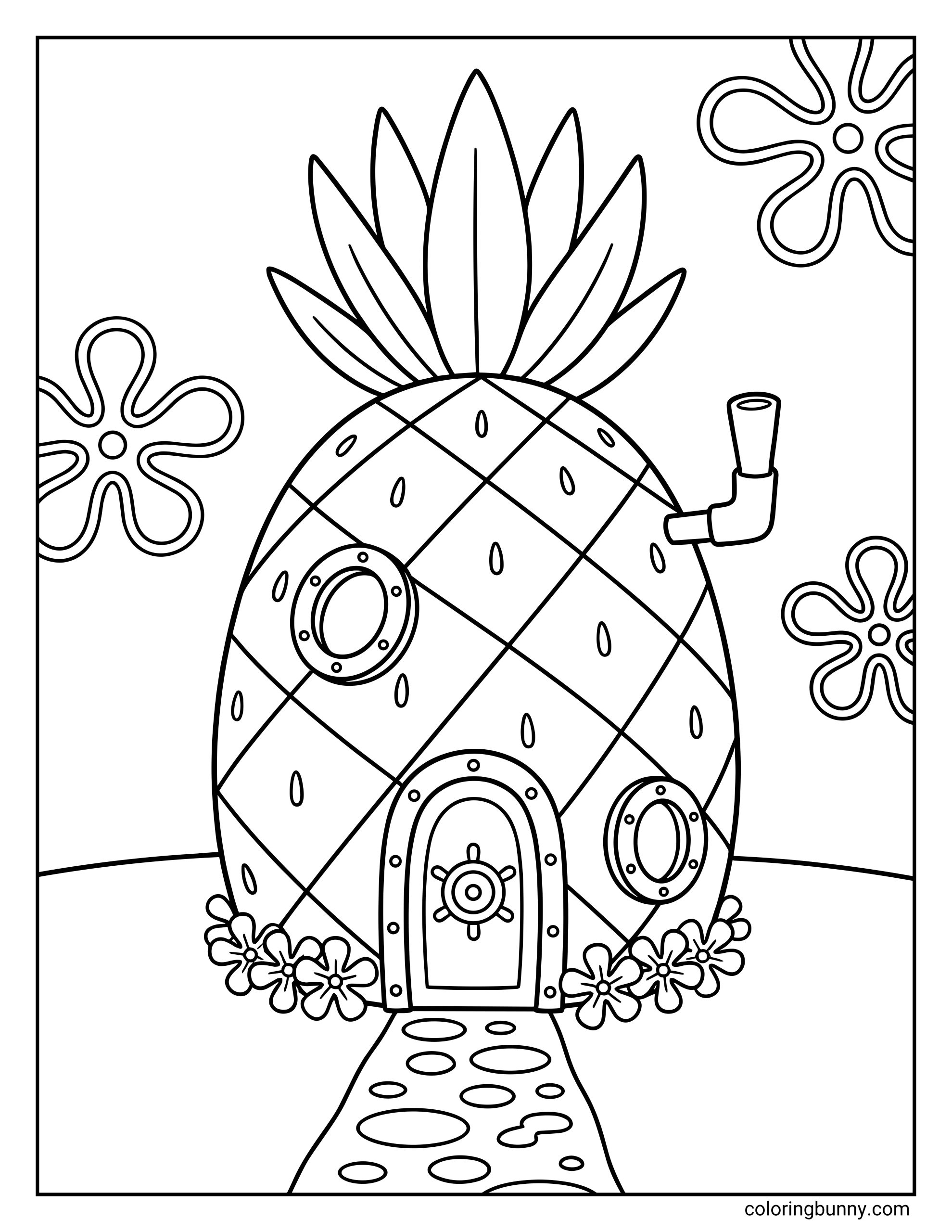 A simple outline coloring page of SpongeBob's pineapple house with a chimney and windows, surrounded by underwater flowers.