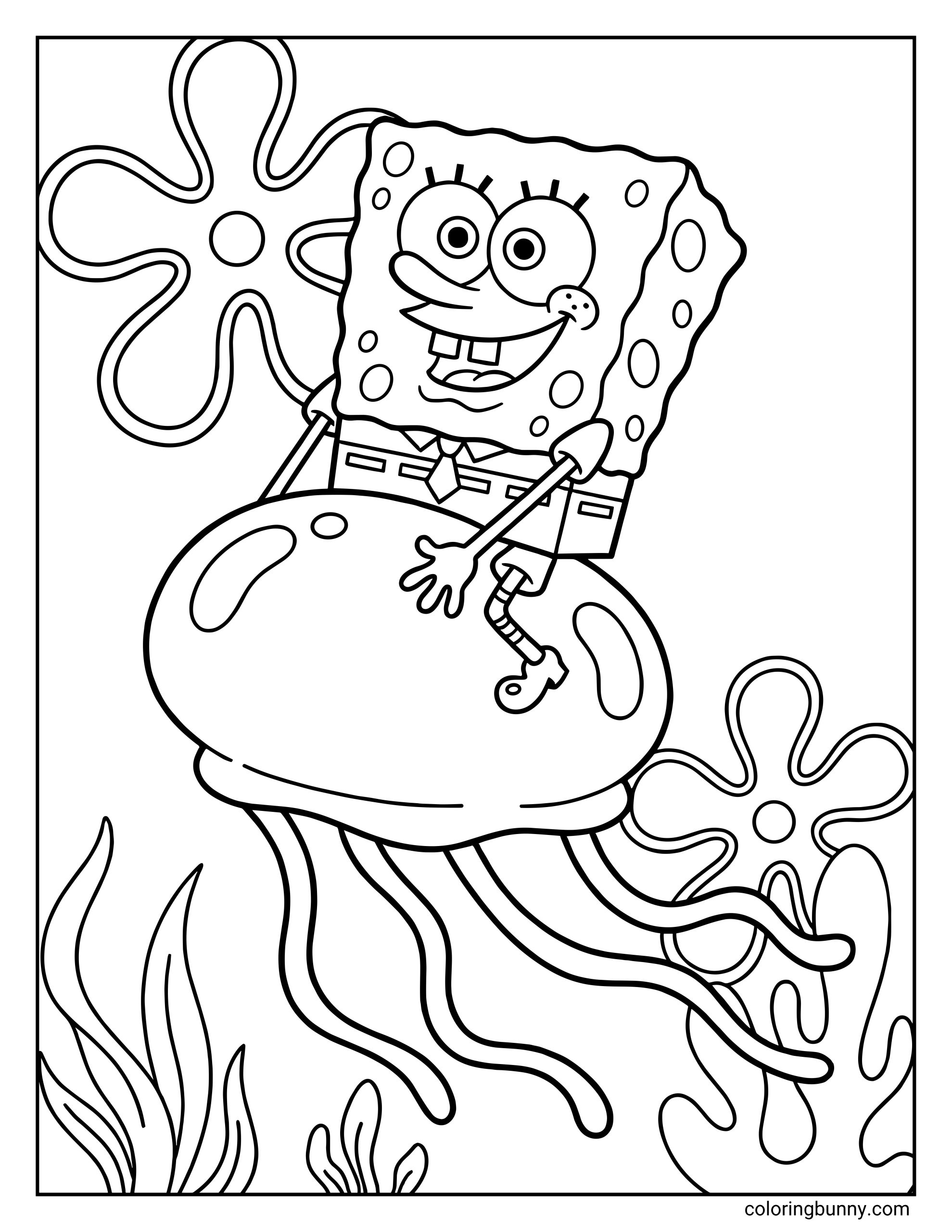 A coloring page of SpongeBob SquarePants sitting on top of a large jellyfish, smiling as they float past underwater plants.