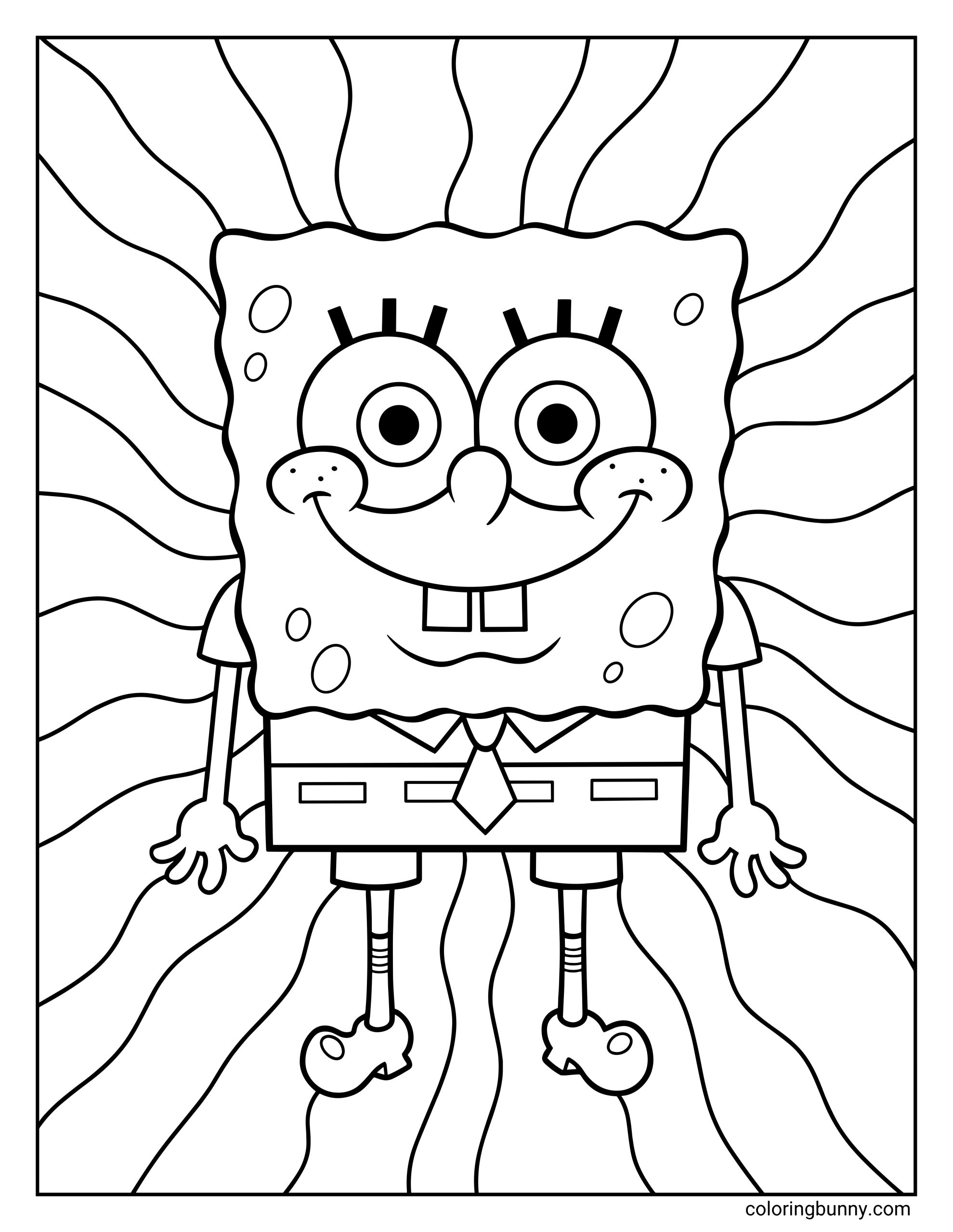 A coloring page of SpongeBob SquarePants smiling broadly while standing in front of a background filled with radiating wavy lines.